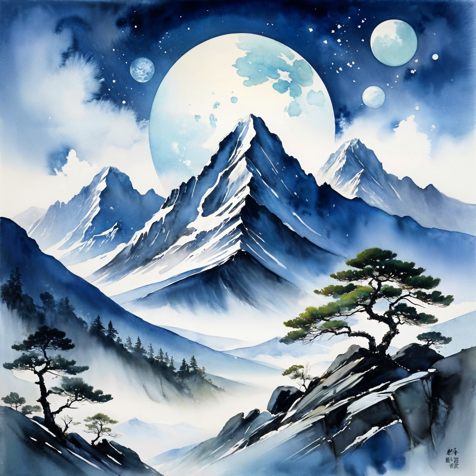 Majestic Snow-Capped Mountains Under Starry Sky
