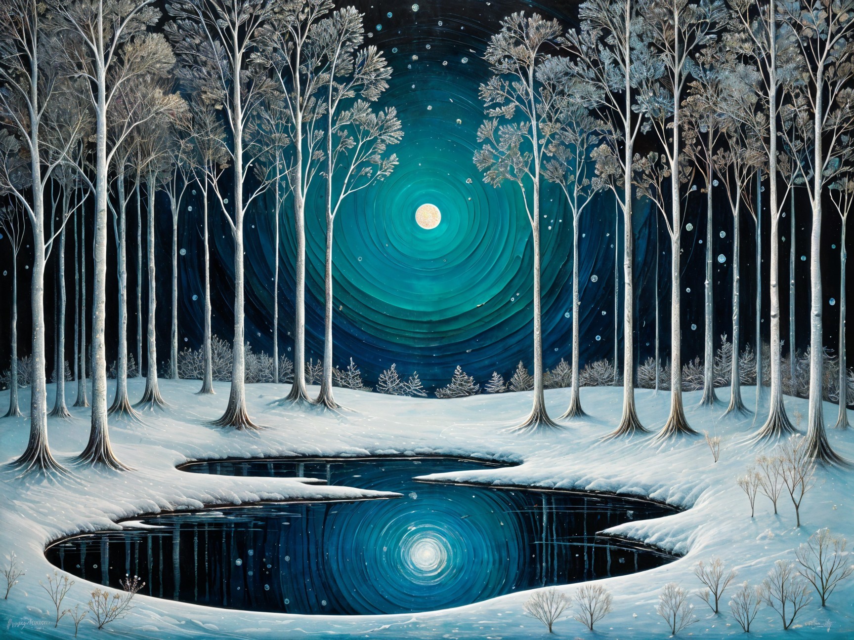 Winter Night Landscape with Moon and Snowy Trees