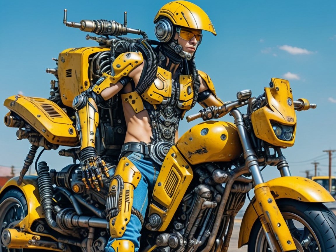 Futuristic figure on yellow motorcycle with robotic design