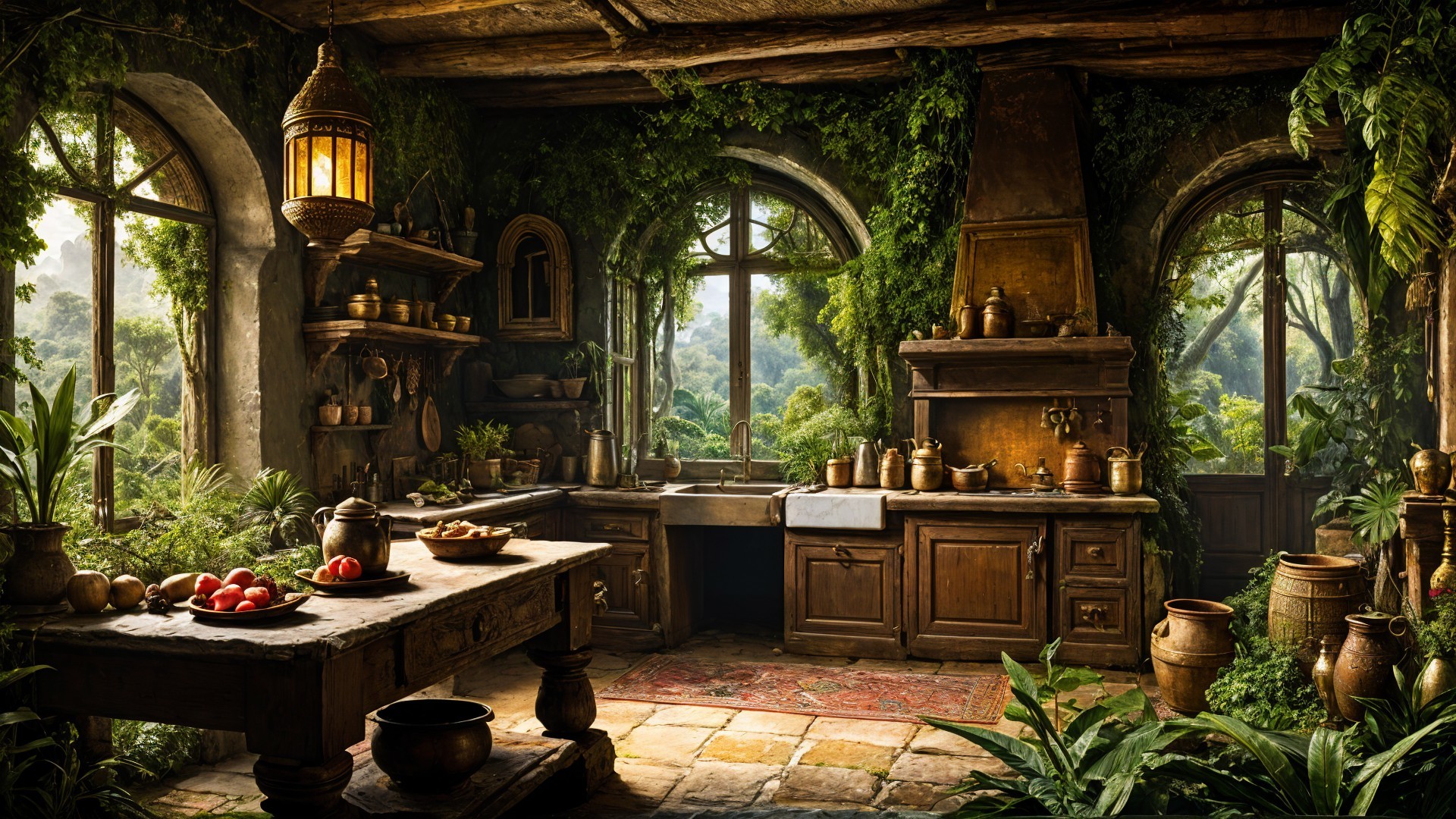 Rustic kitchen with wooden table and natural elements