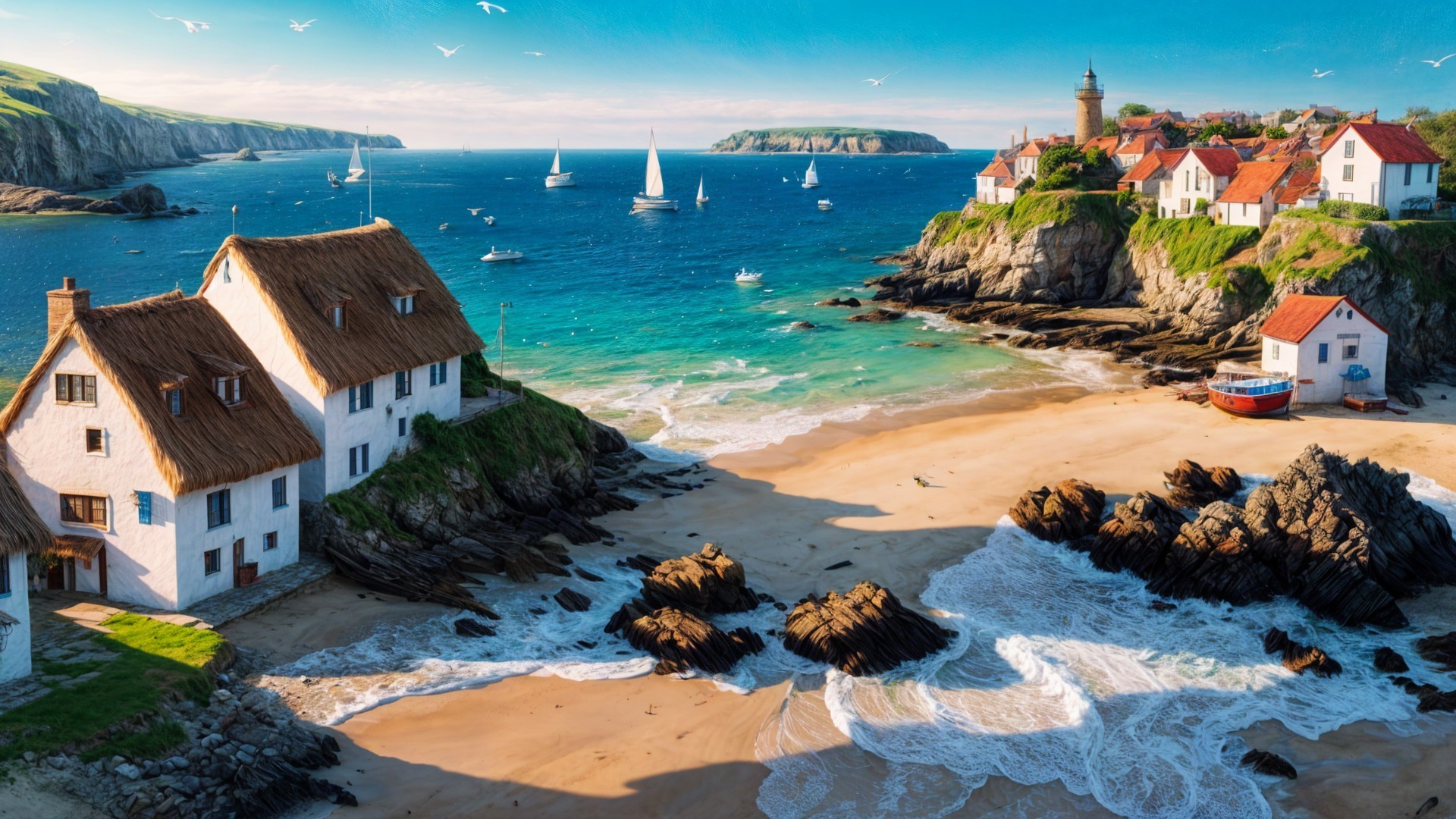 Aerial View of Coastal Village by Turquoise Sea
