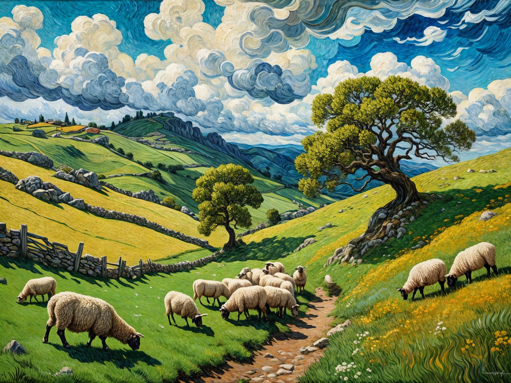 Vibrant Pastoral Scene with Rolling Hills and Sheep