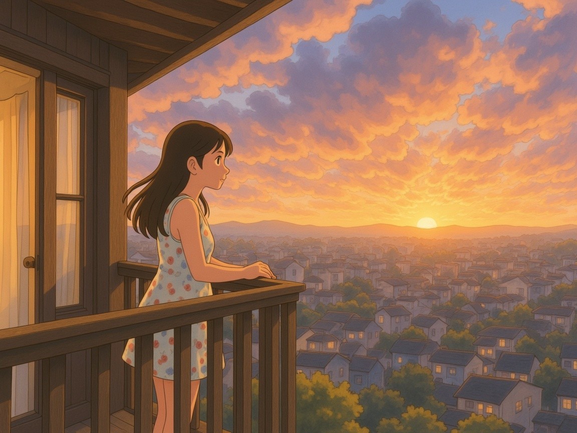 Young girl on balcony admiring sunset over town