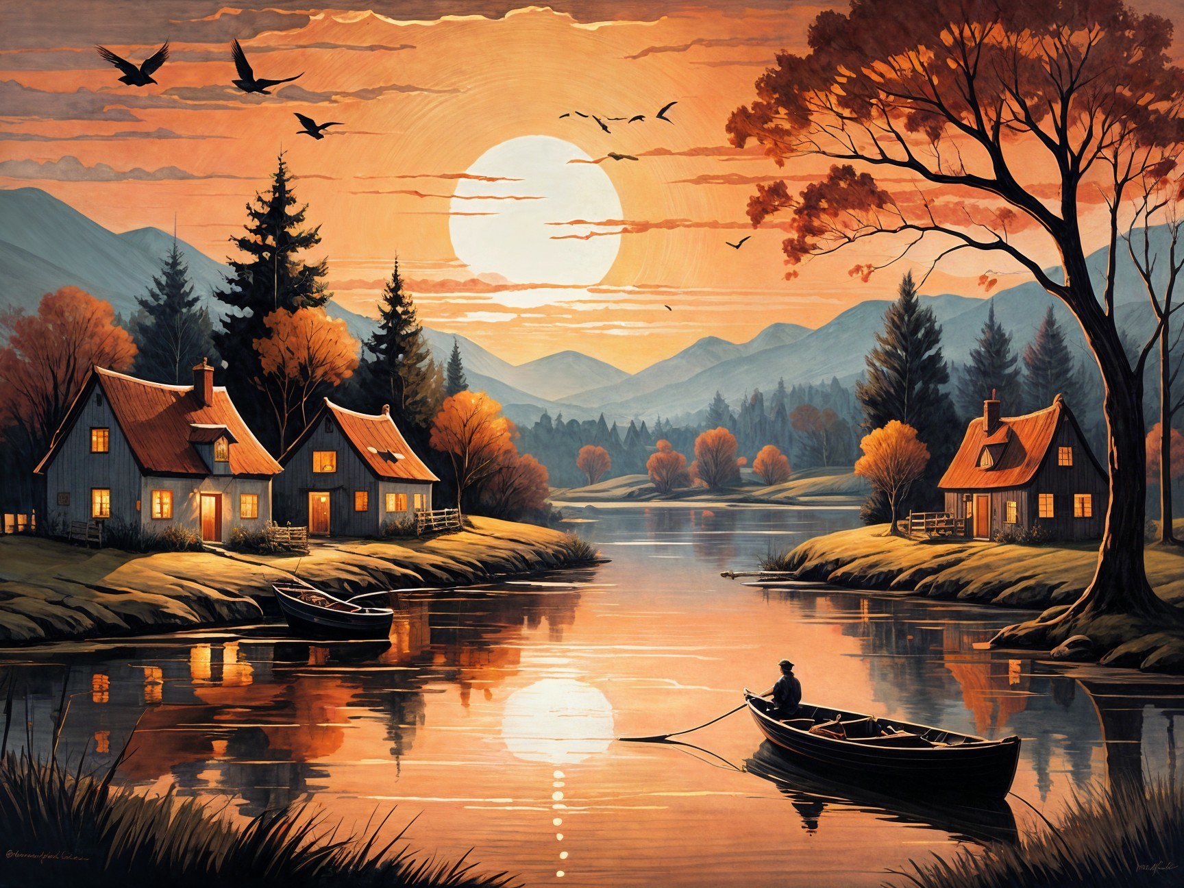 Serene Sunset Over Tranquil Lake and Cottages