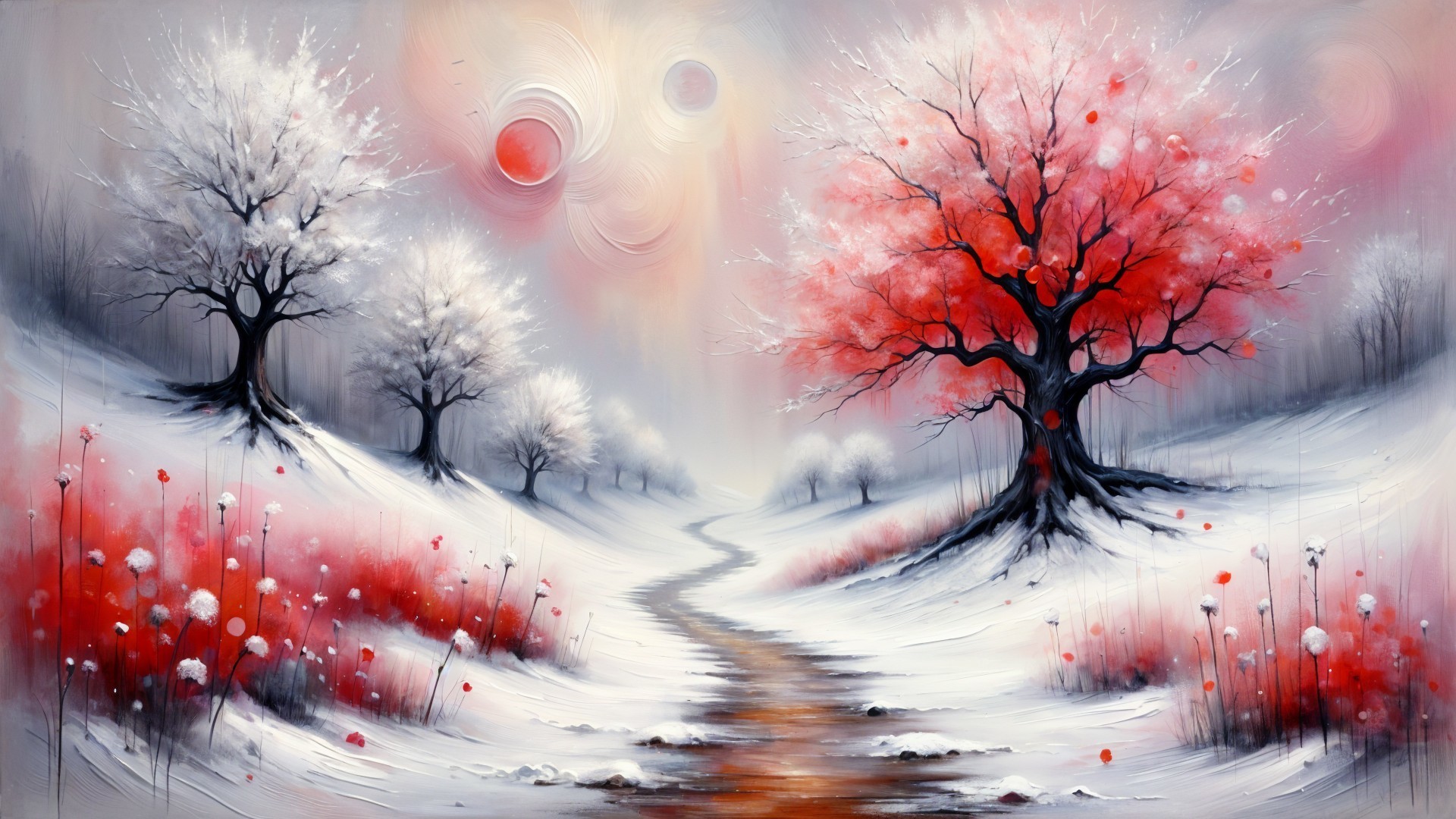Serene Snowy Landscape with Winding Path and Trees