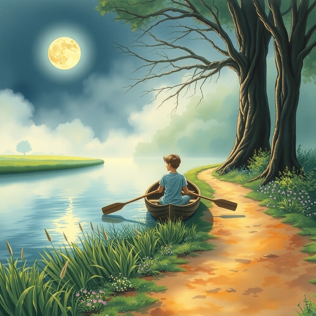 Young Boy in Boat on Tranquil River Under Moonlight