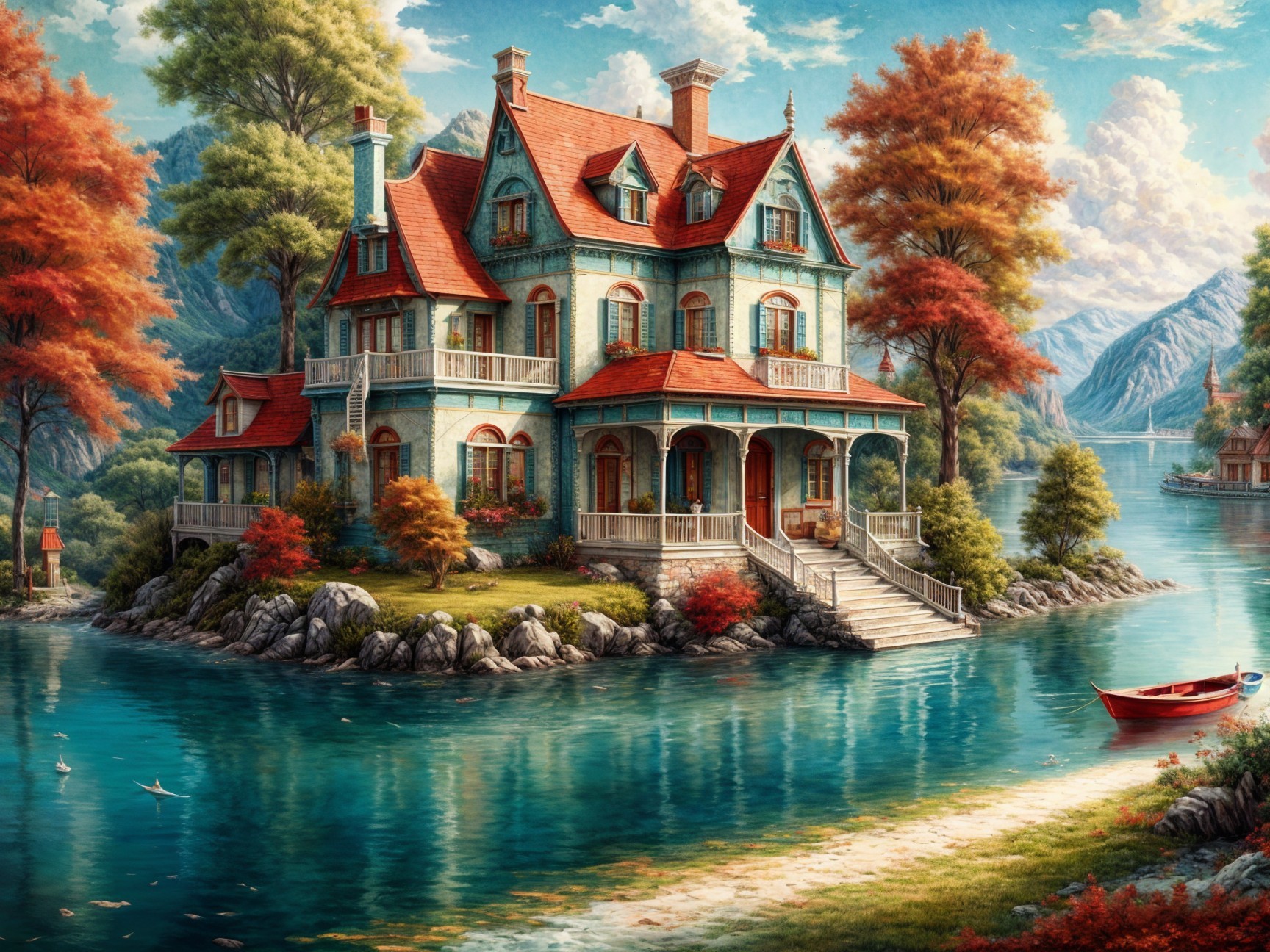 Vintage house by serene lake with autumn scenery