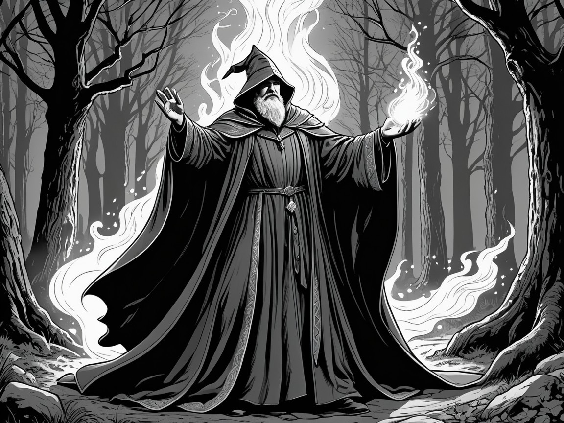 Majestic Wizard in Dark Enchanted Forest Scene