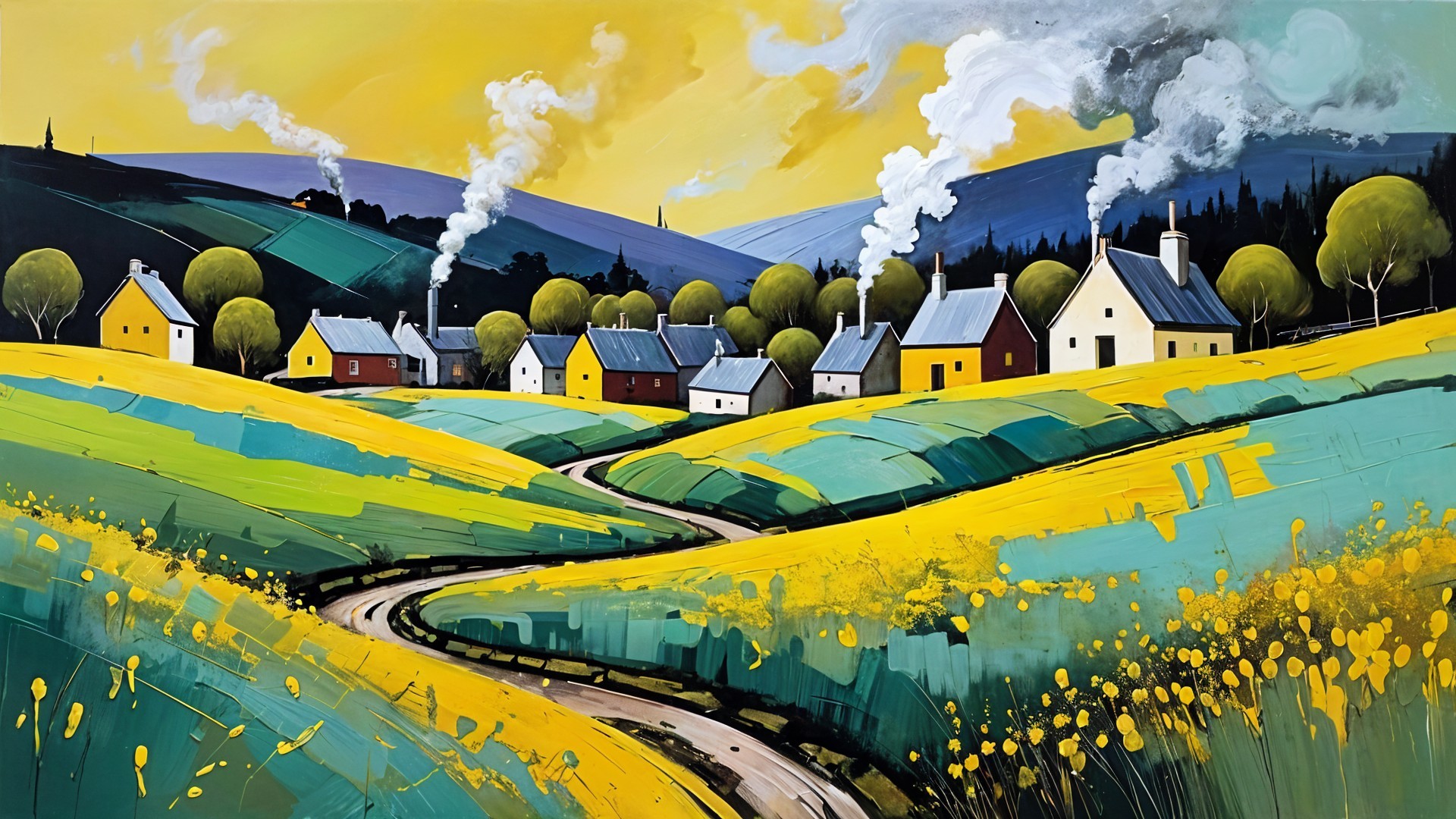 Vibrant Countryside Scene with Rolling Hills and Houses