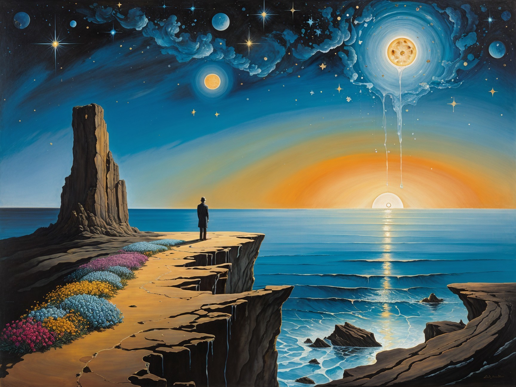 Solitary Figure by Ocean at Vivid Sunset with Flowers