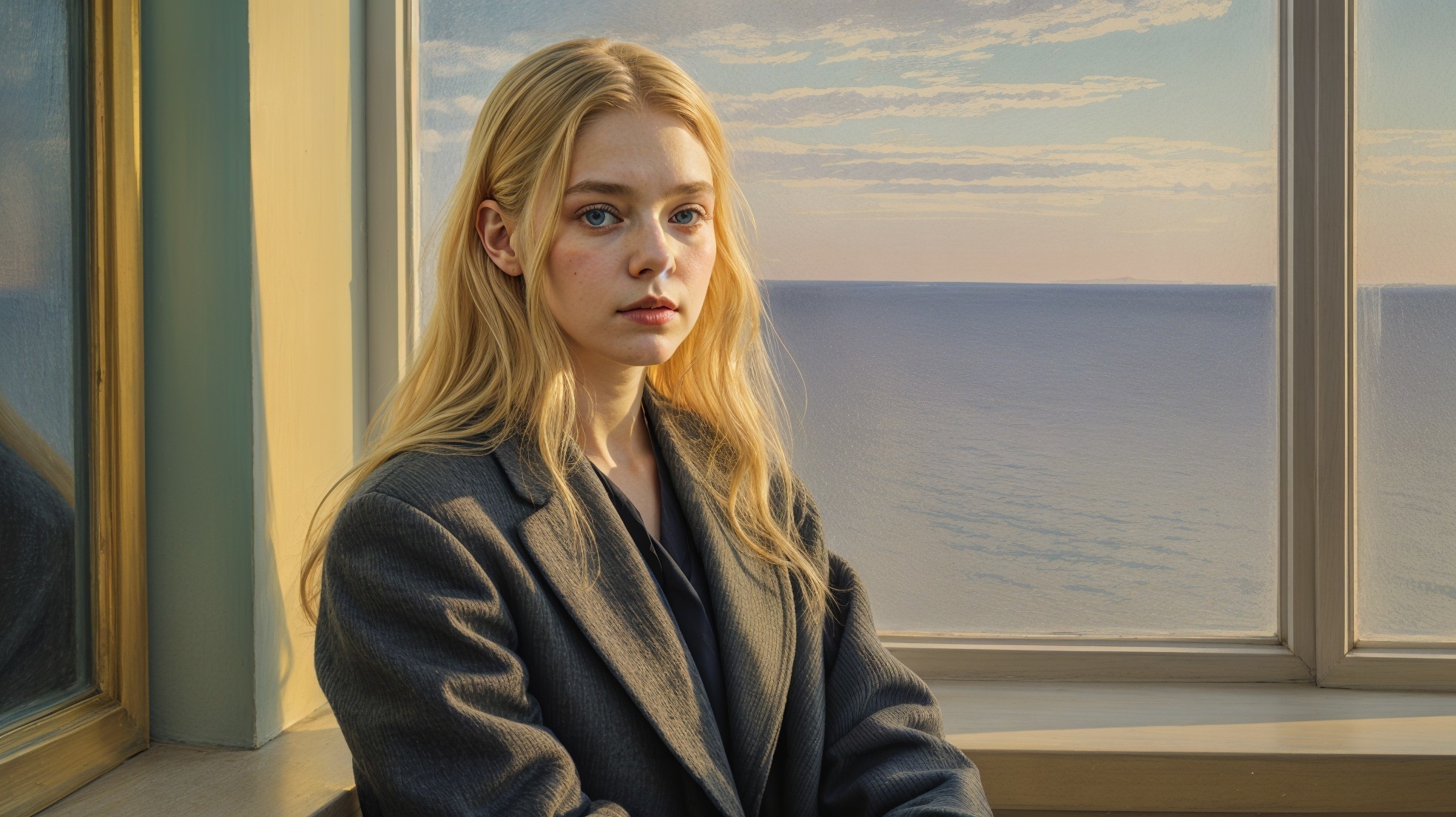 Young woman in a blazer gazing out a window