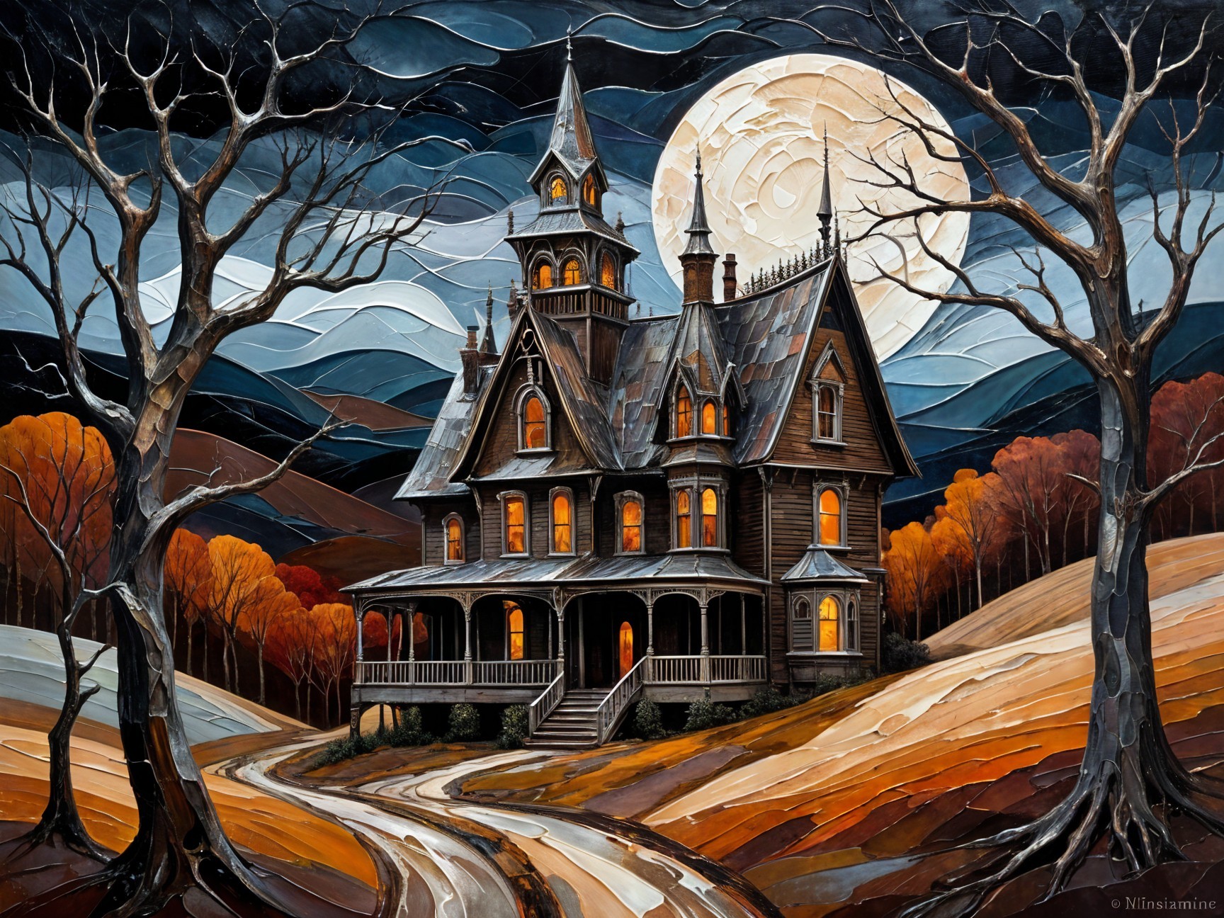 Gothic Mansion Under Moonlit Sky with Autumn Landscape