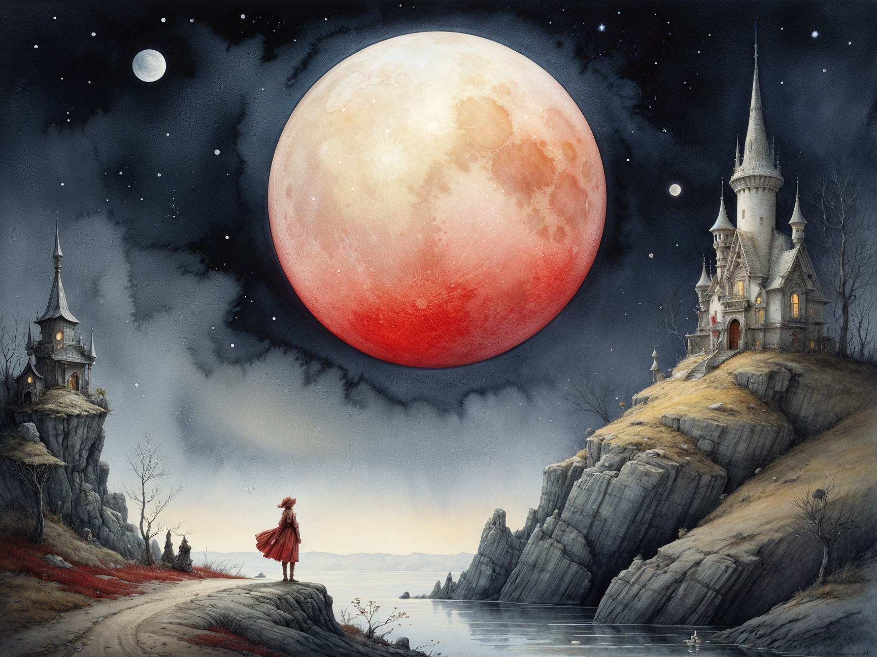 Mysterious landscape under a blood-red moon with castle