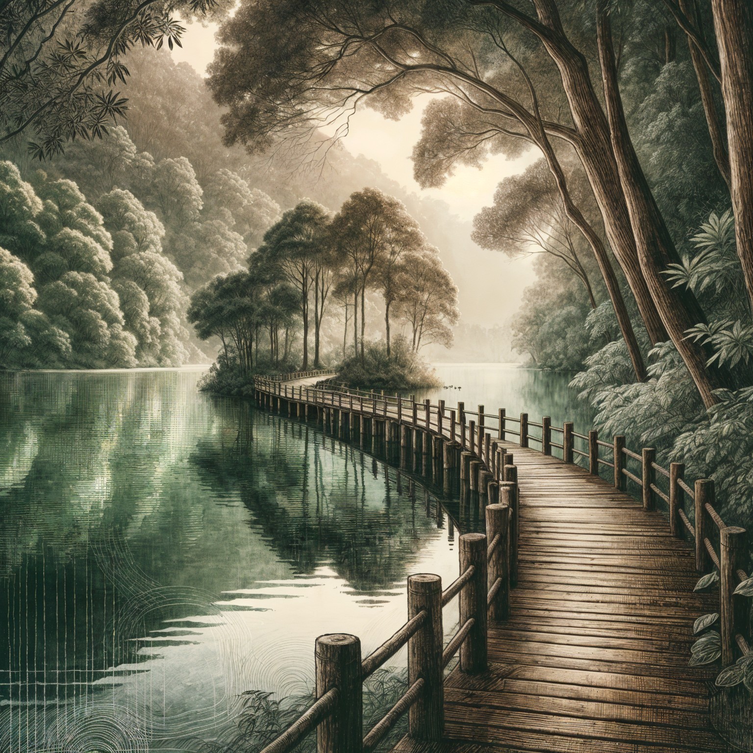 Wooden Pathway by Calm Lake Surrounded by Trees