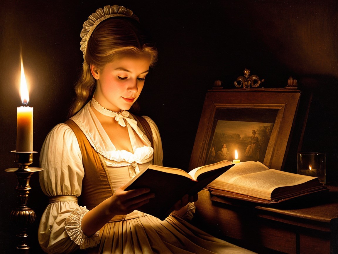 Young Woman Reading by Candlelight in Elegant Dress