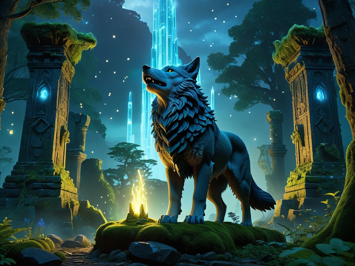 Majestic wolf in an enchanted forest with crystals
