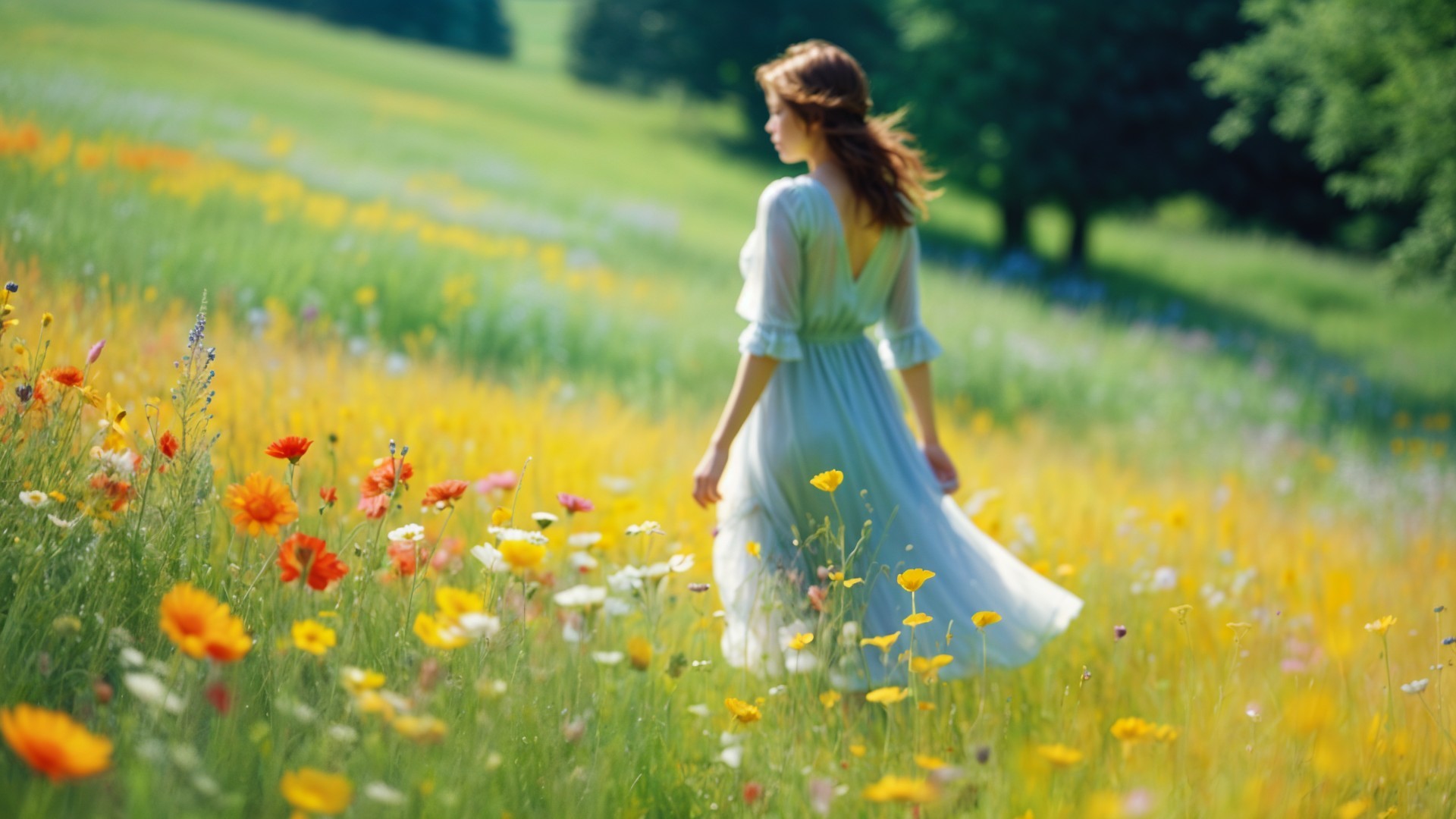 Young woman in white dress in vibrant wildflower field