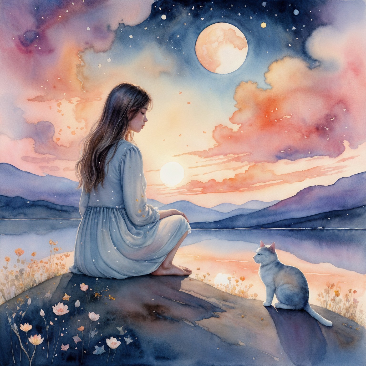 Young girl and cat by tranquil lake at dusk