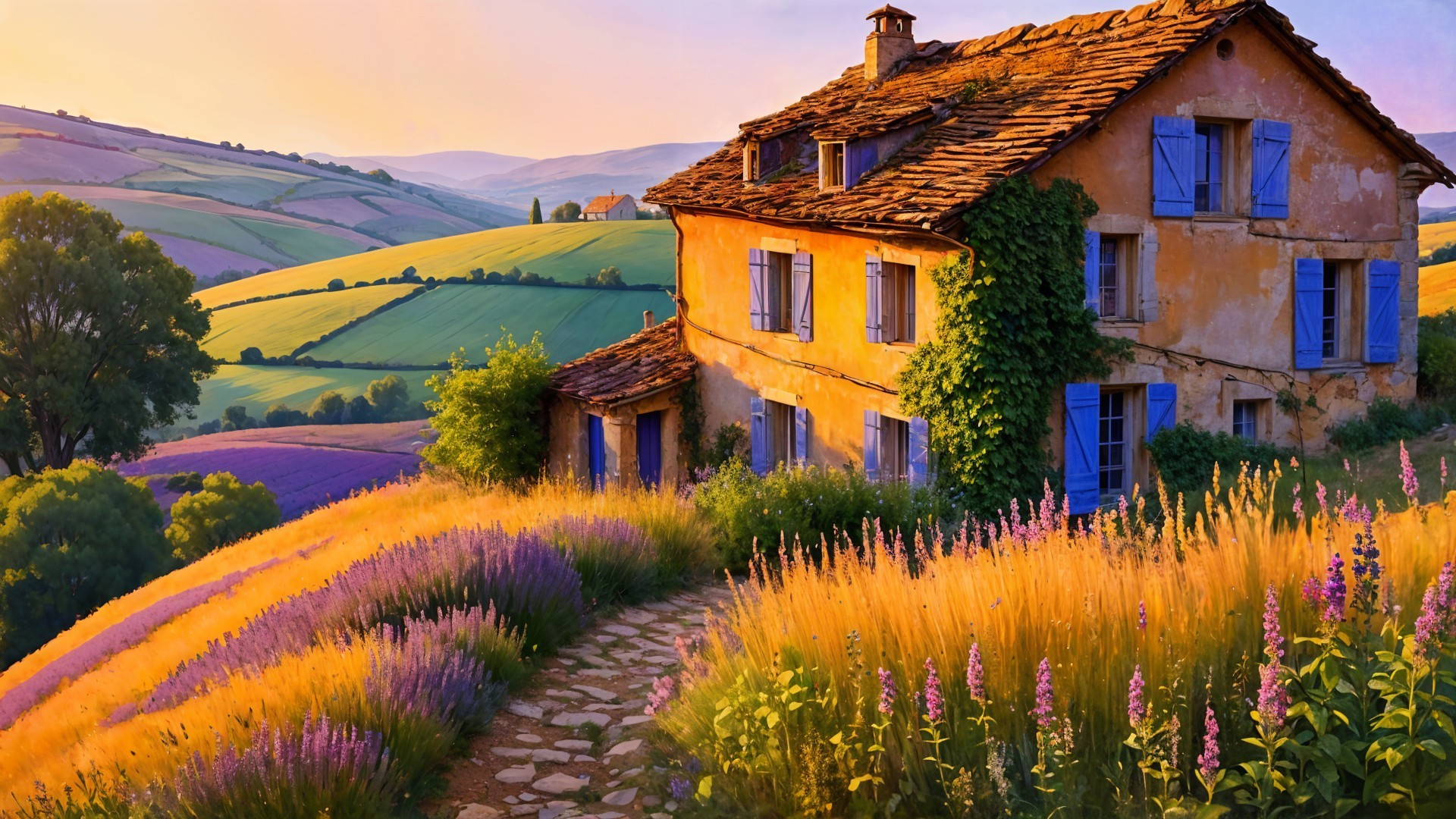 Charming Yellow Farmhouse in Sunset Countryside Scene