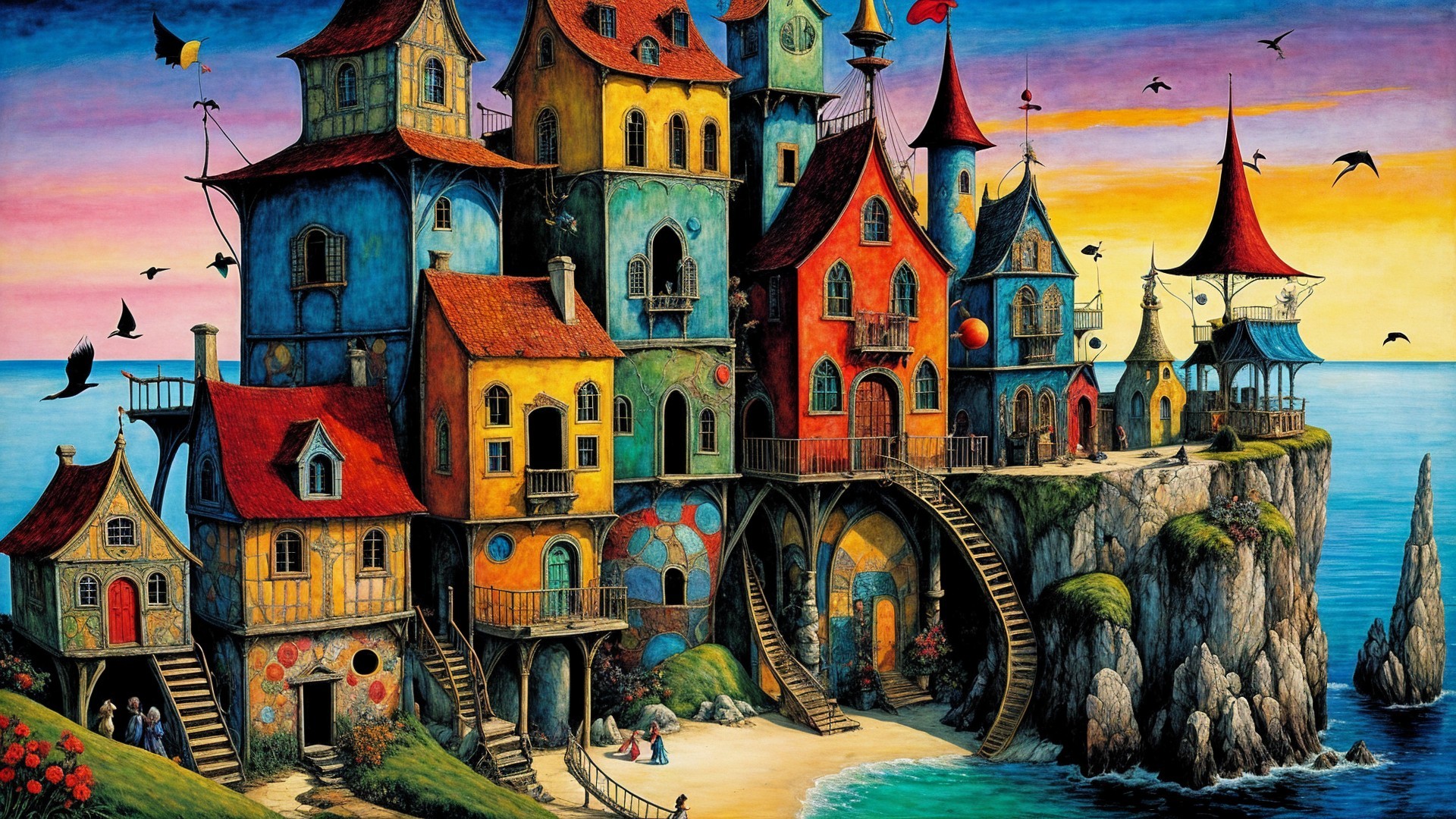 Whimsical Coastal Village with Colorful Houses and Cliffs