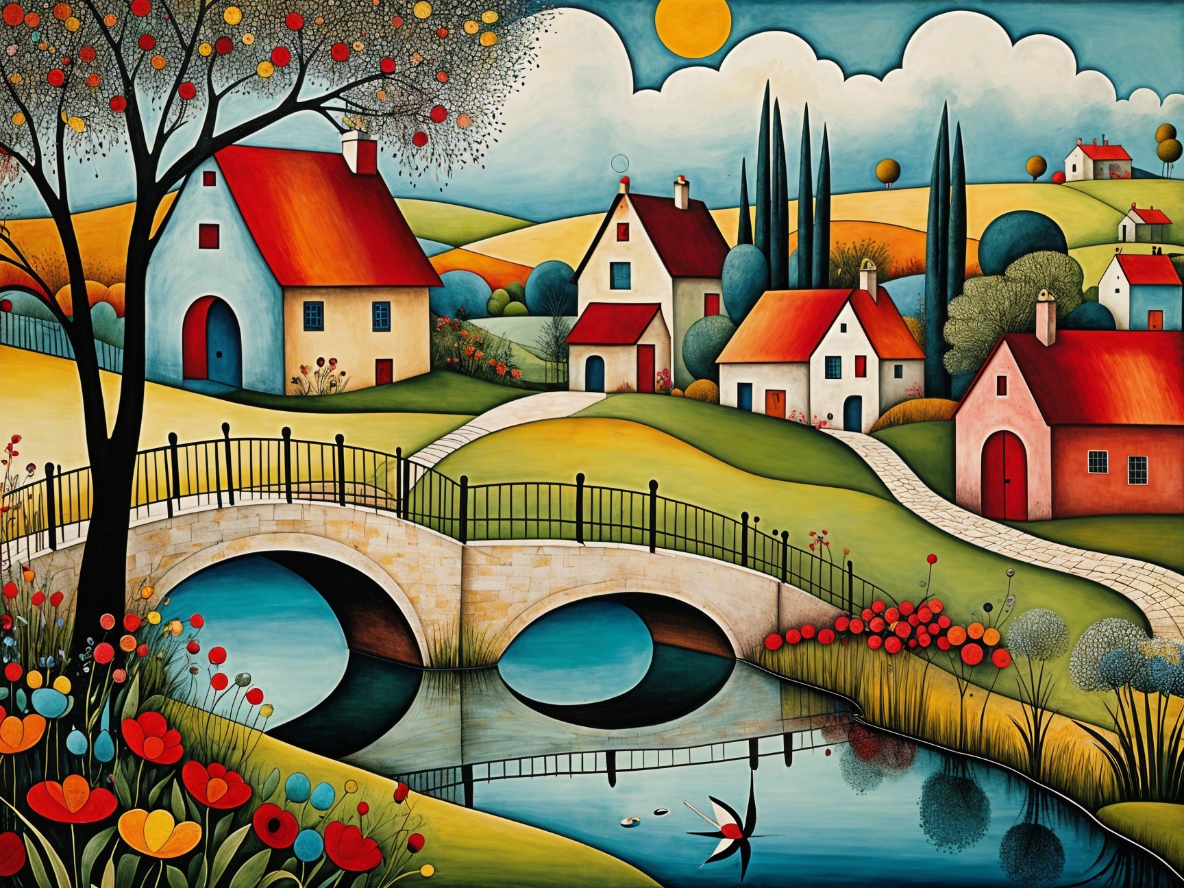 Vibrant Landscape with Charming Houses and Stream