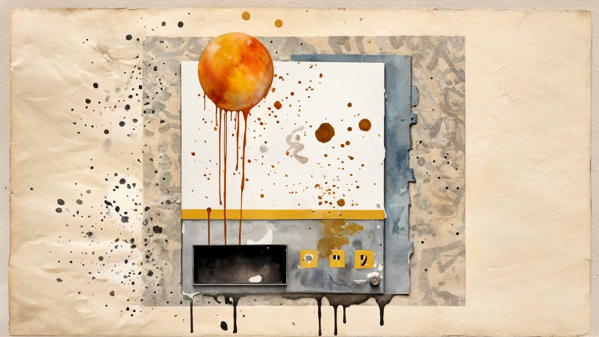 Abstract Artwork with Vibrant Orange Sphere and Textures