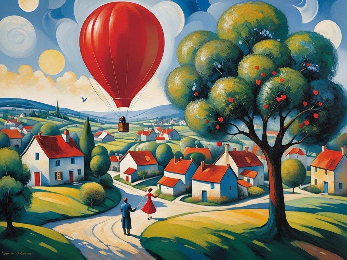 Whimsical Landscape with Hot Air Balloon and Couples