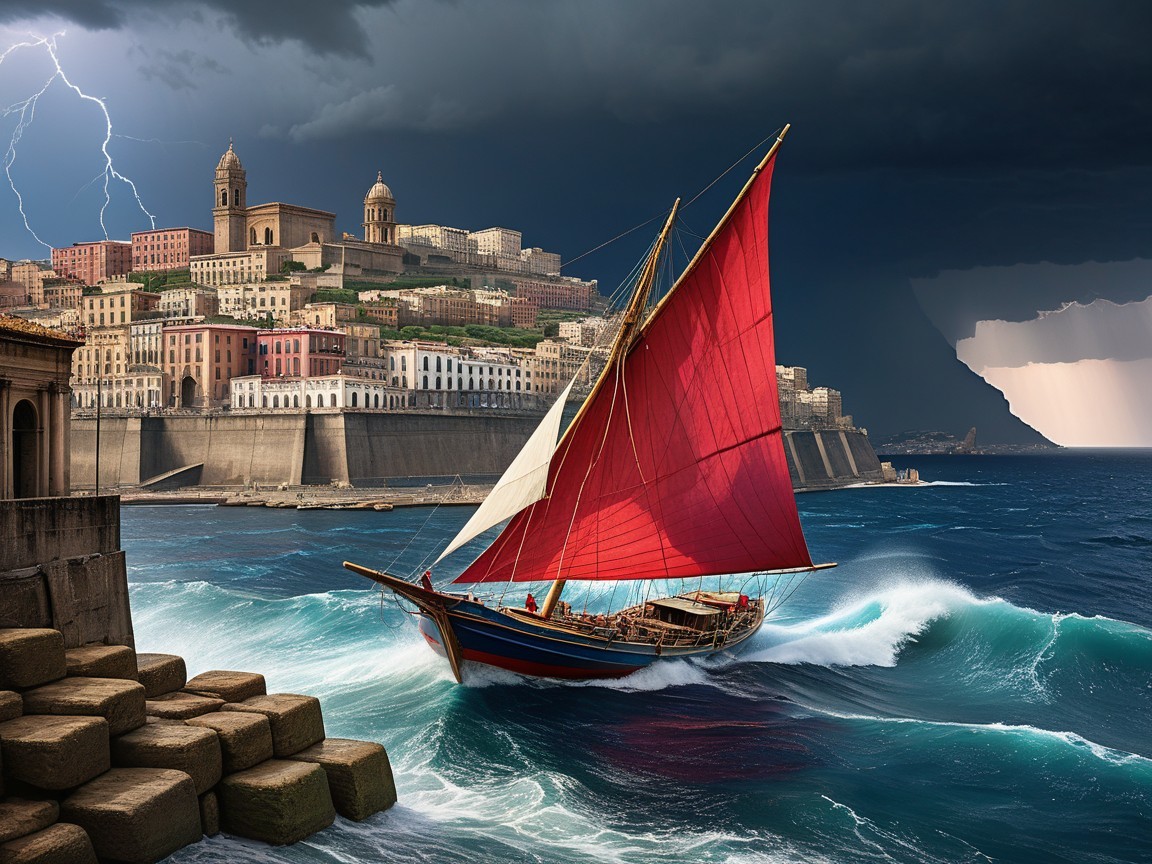 Red-Sailed Boat Amidst Stormy Coastal Landscape