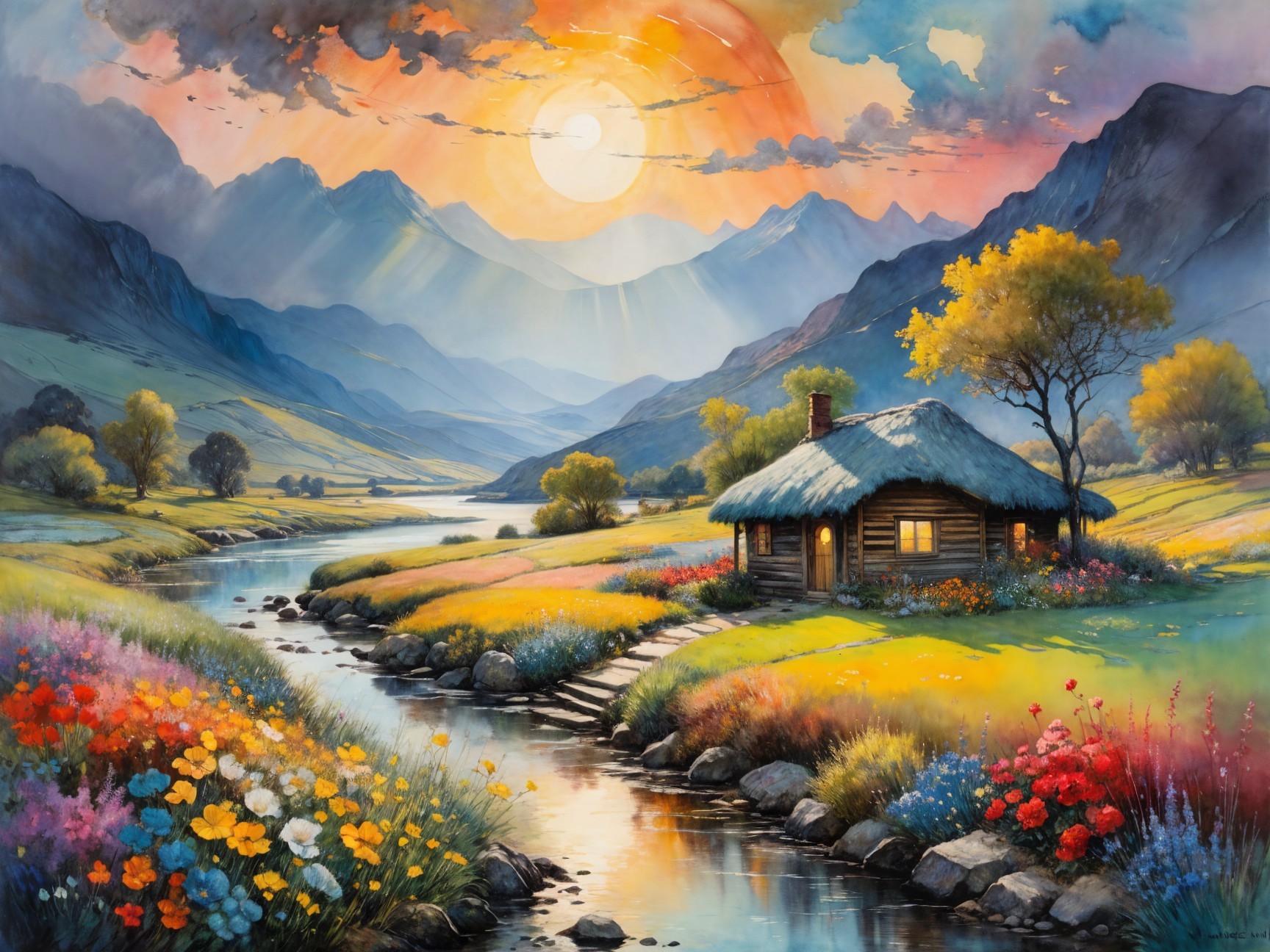 Charming Cabin by River in Scenic Landscape at Sunset