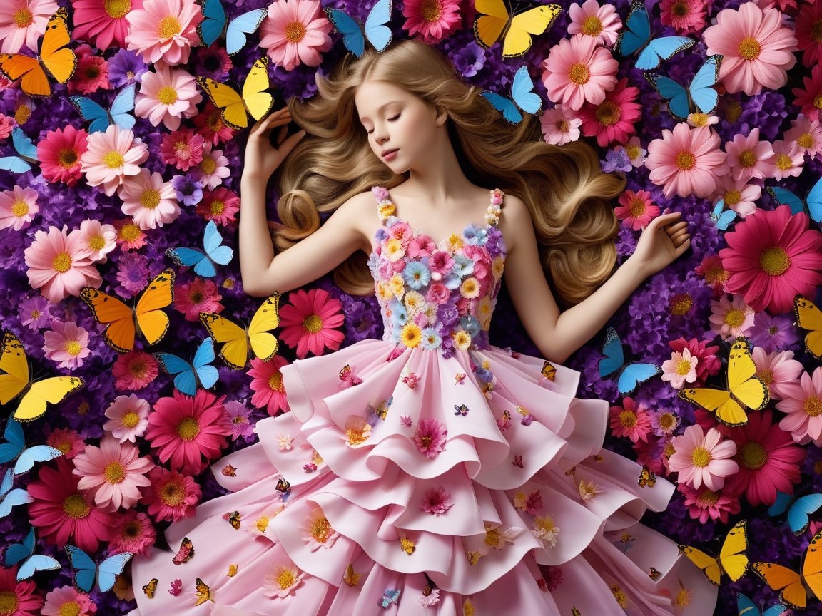 Young girl in pink dress among vibrant flowers