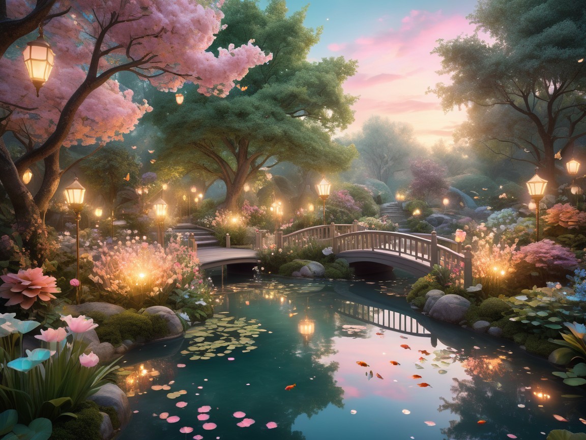 Twilight Garden with Cherry Blossoms and Lanterns
