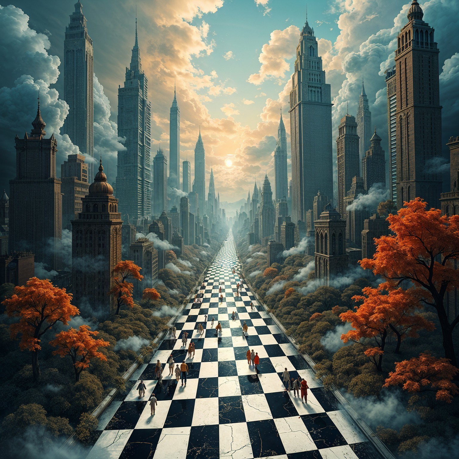 Surreal Cityscape with Skyscrapers and Checkered Pathway