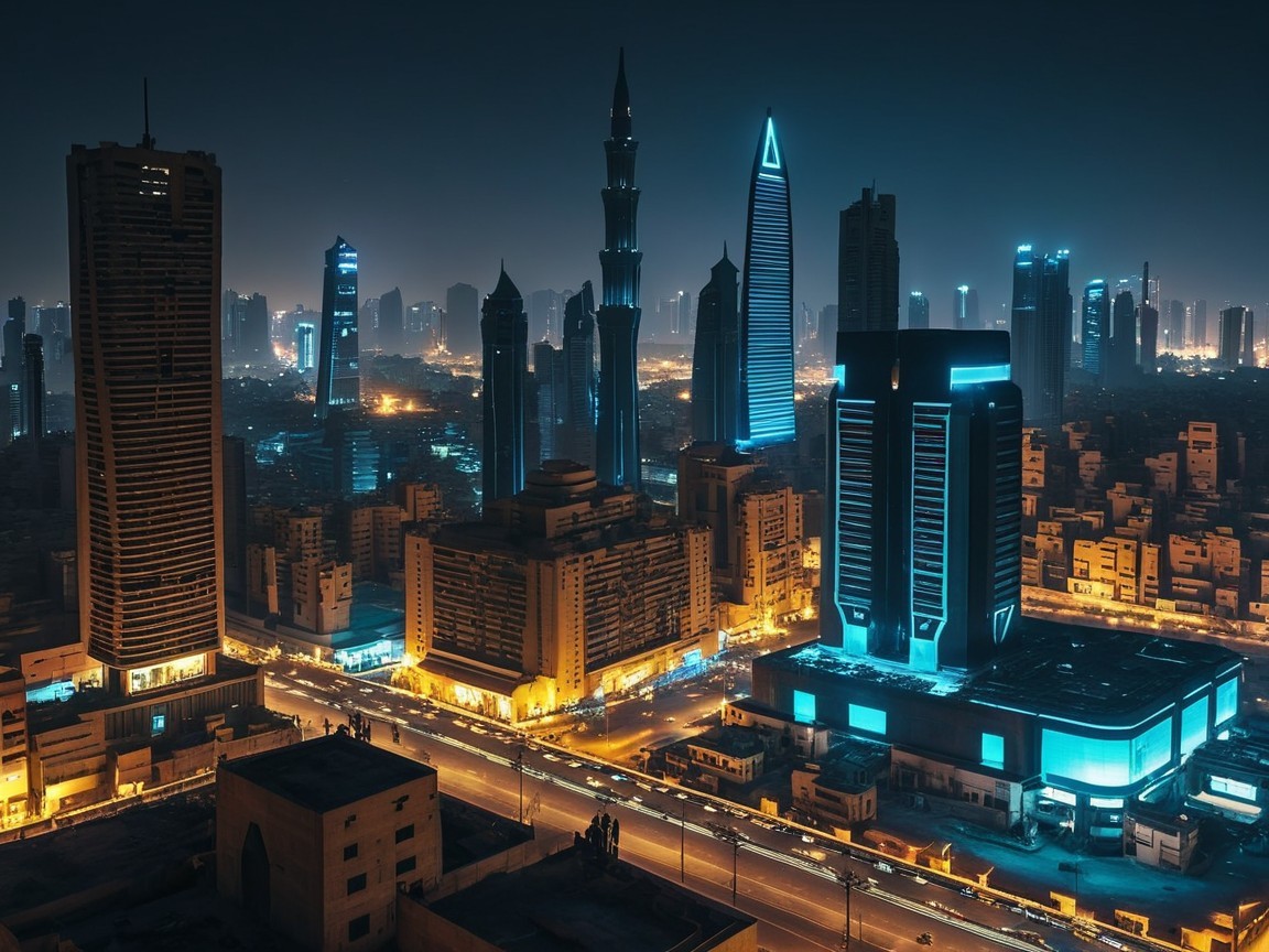 Vibrant Night City Skyline with Illuminated Skyscrapers