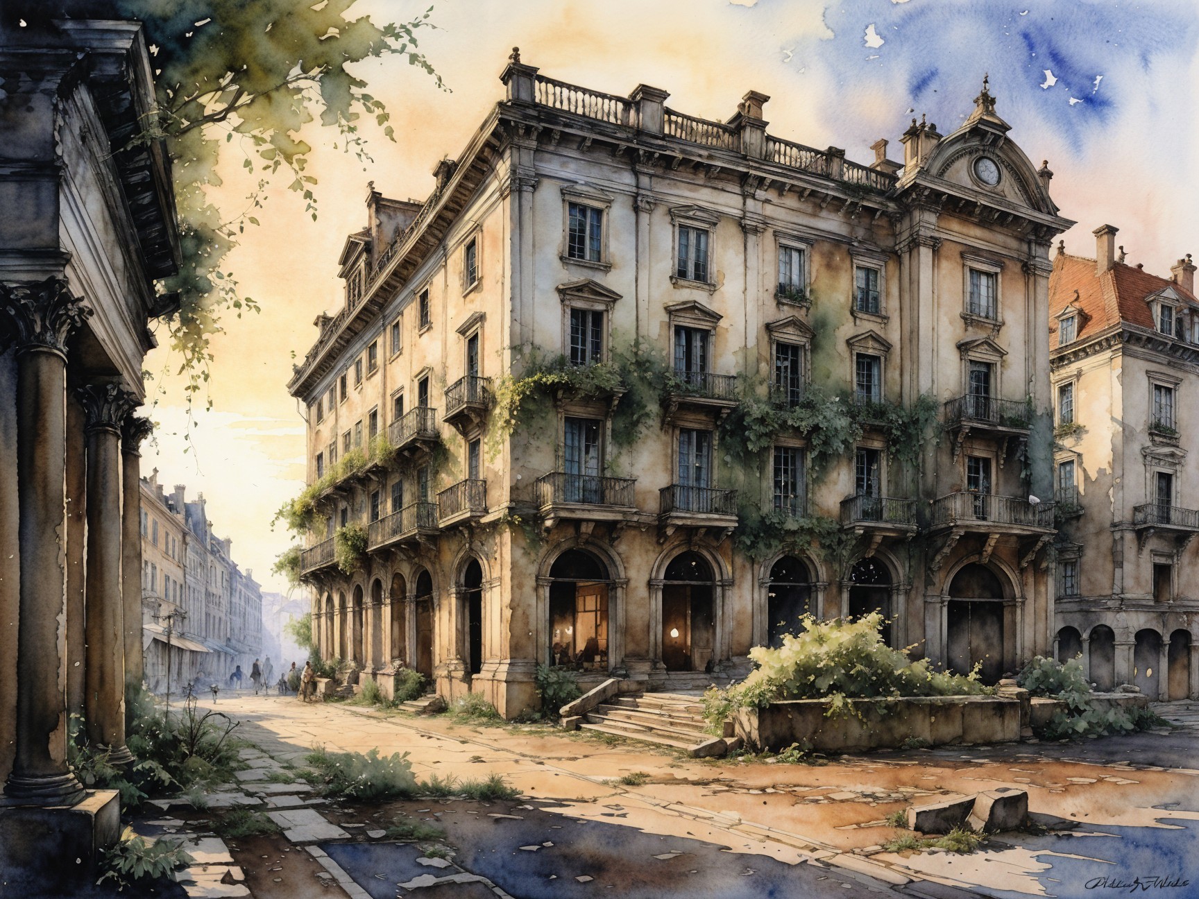 Watercolor of Grand Abandoned Classical Building