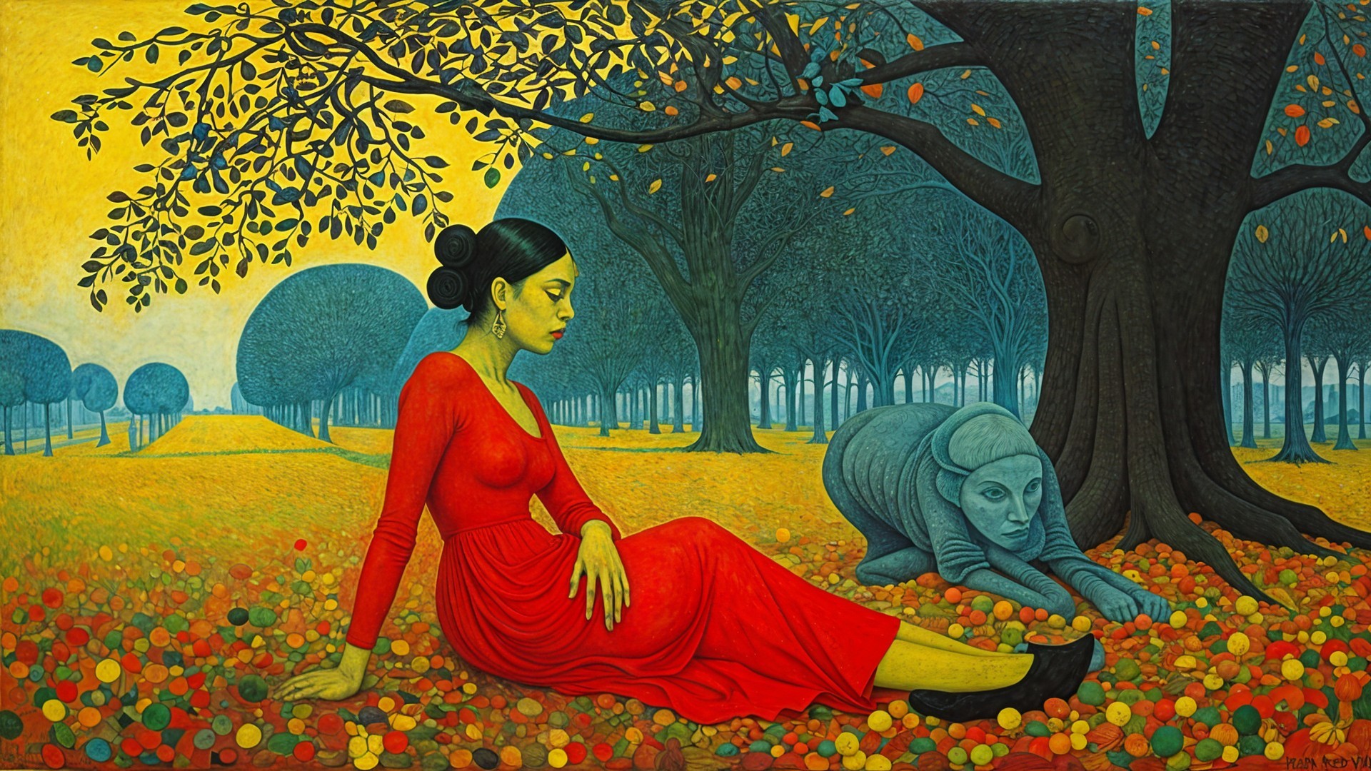 Woman in Red Dress Amid Colorful Flowers and Trees