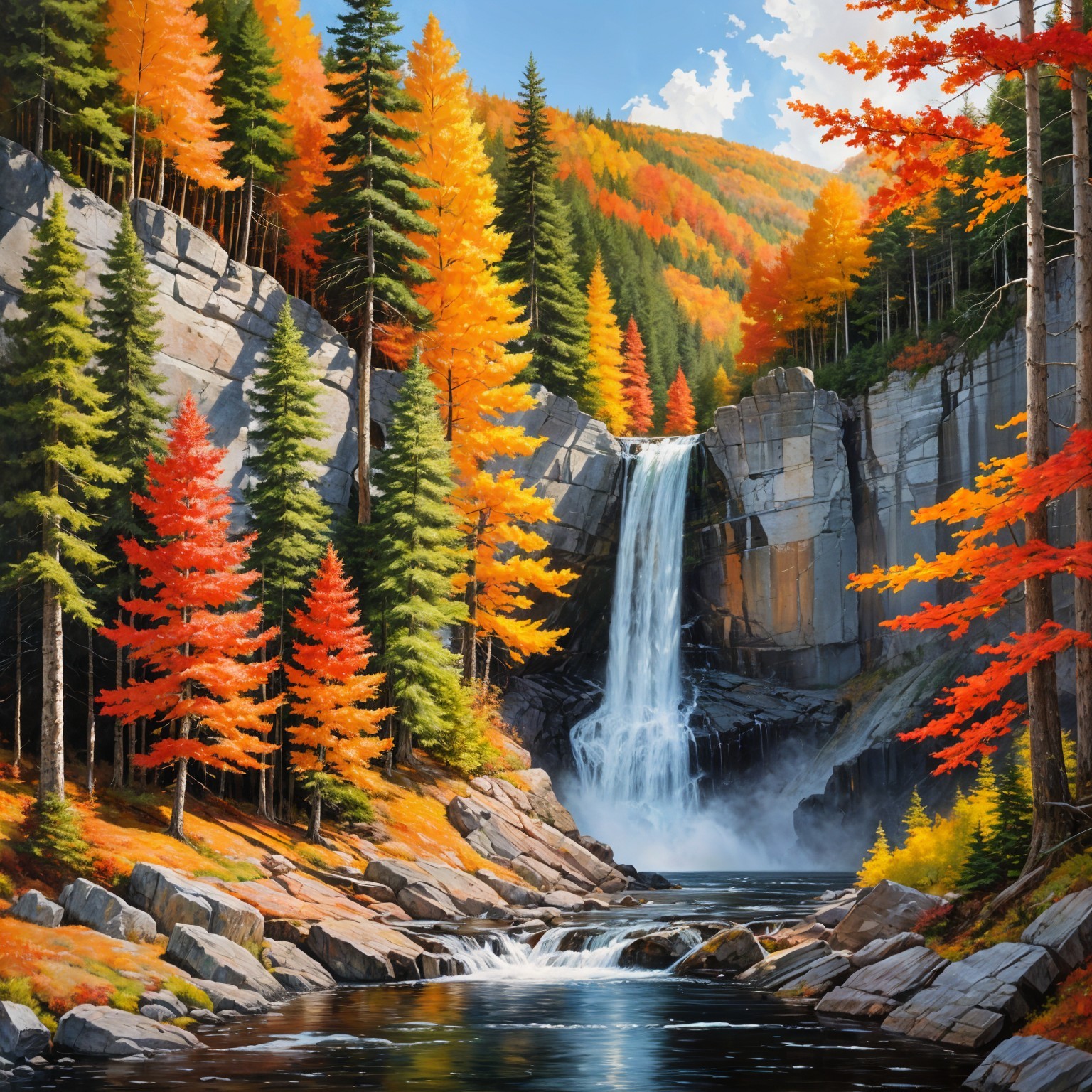 Vibrant Autumn Landscape with Waterfall and Foliage