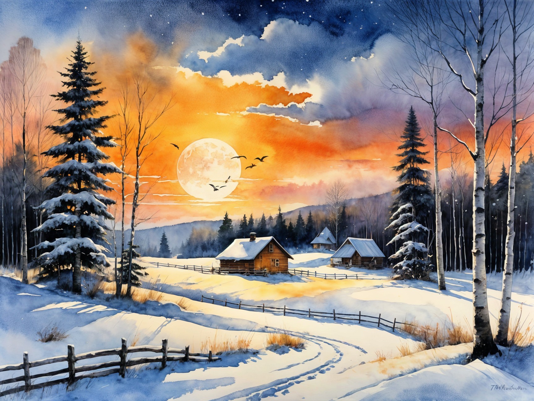 Winter Landscape with Cabins and Moonlit Sky