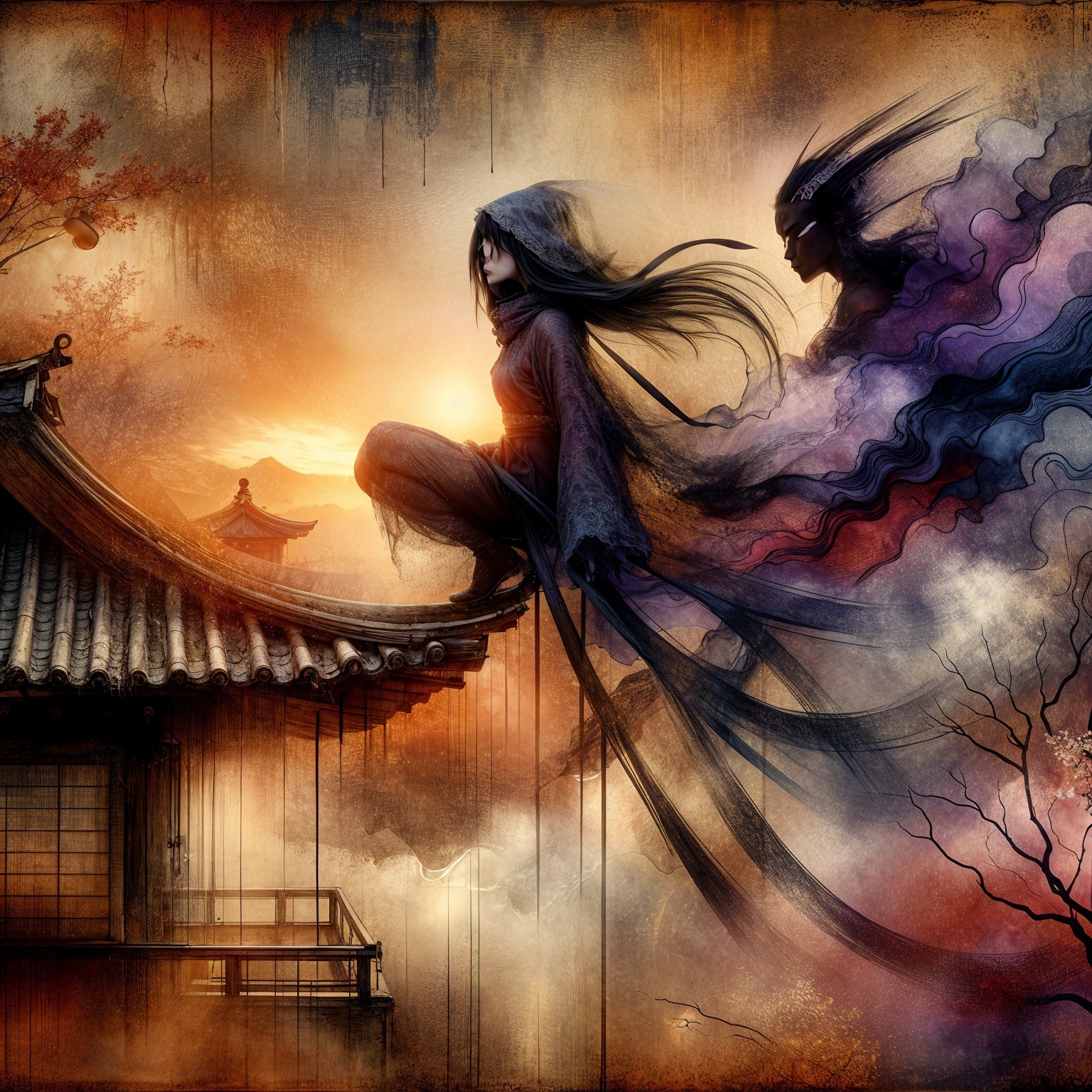 Cloaked Figure on Asian Rooftop at Dusk with Mist