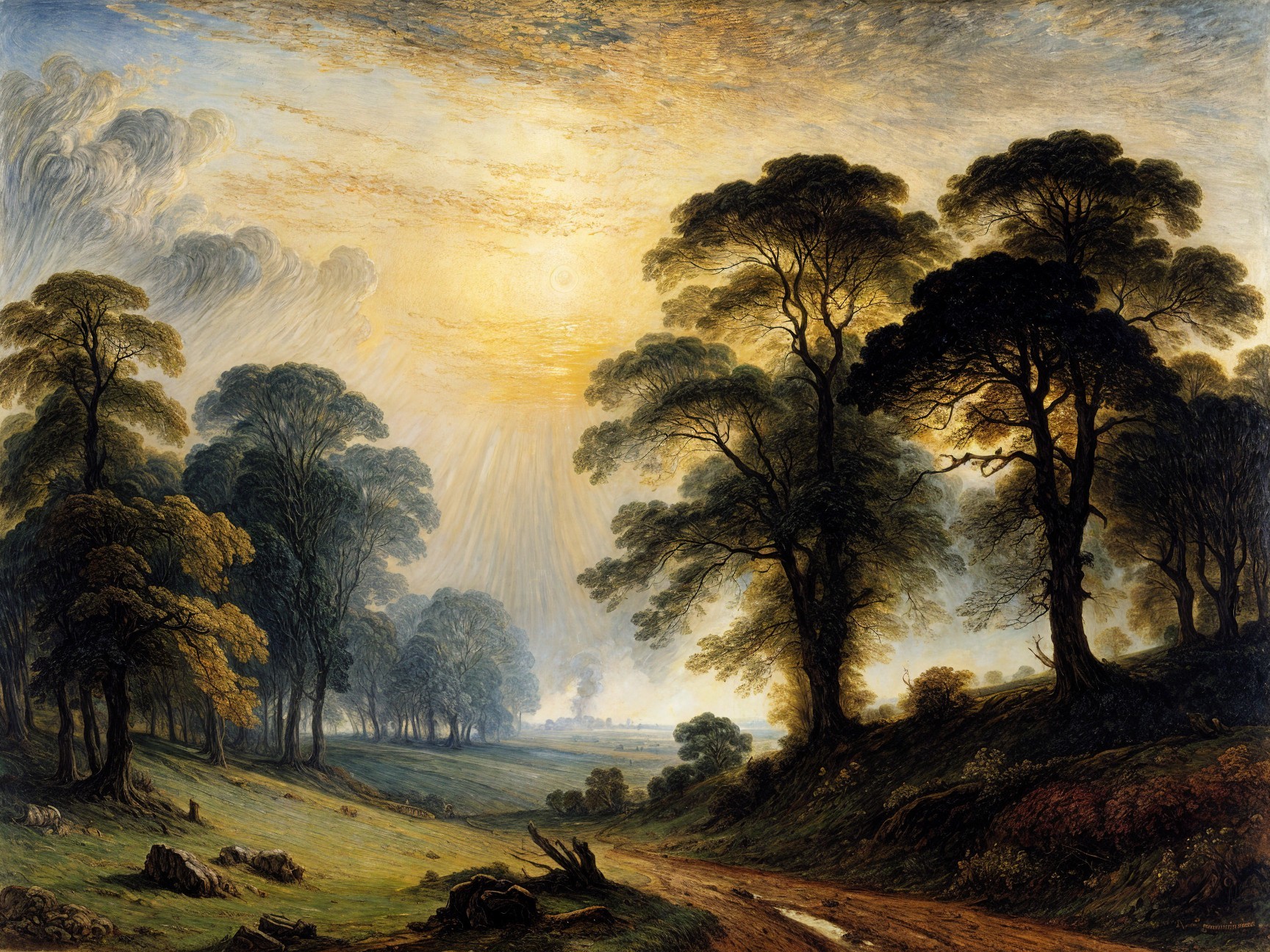 Serene landscape with golden sunlight and mist