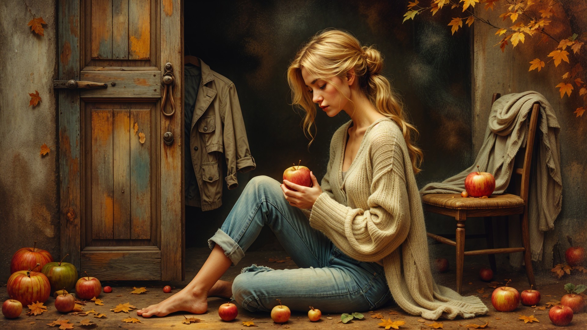 Serene Young Woman in Rustic Room with Apples and Leaves