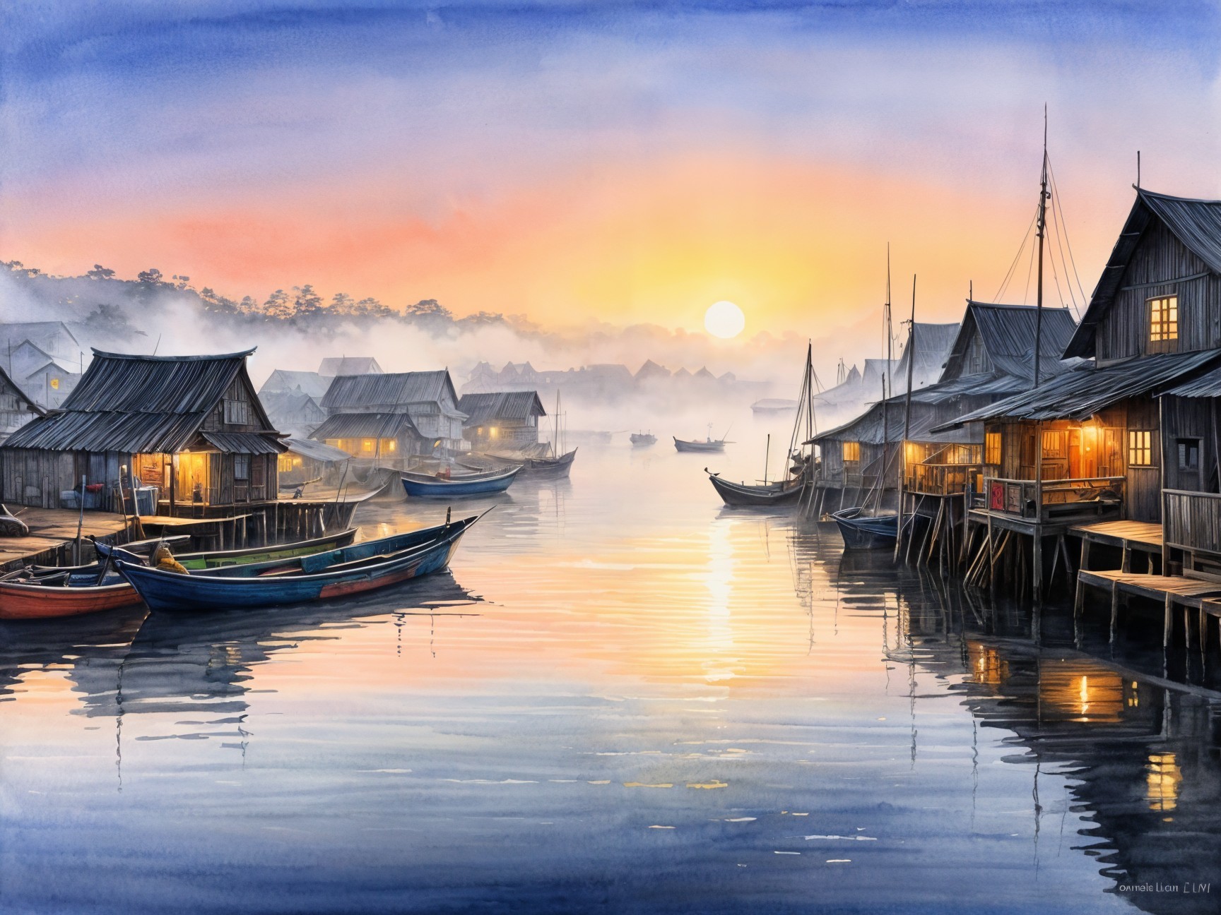 Tranquil Waterfront Scene at Dawn with Wooden Houses