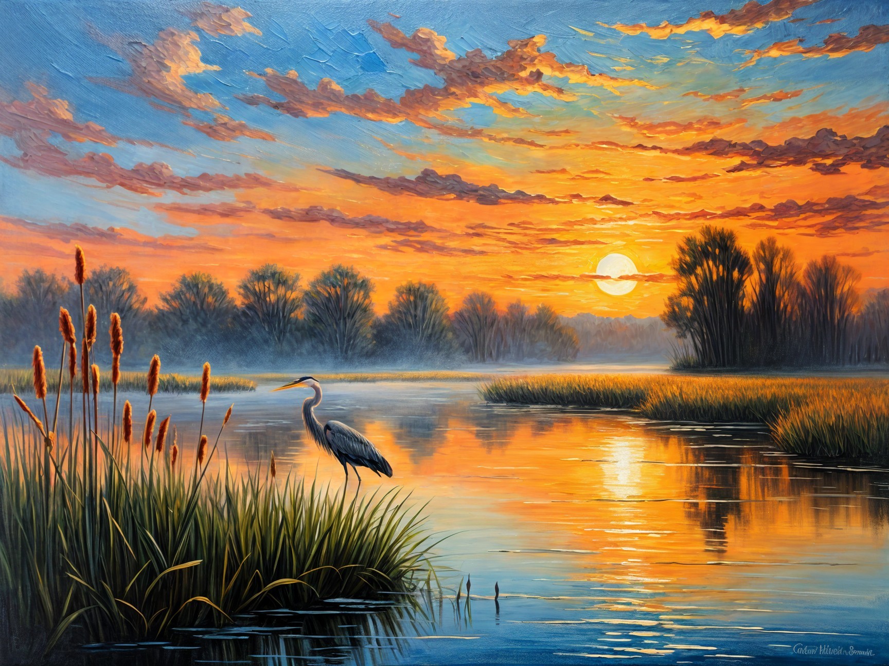 Serene Sunset Landscape with River and Silhouetted Trees