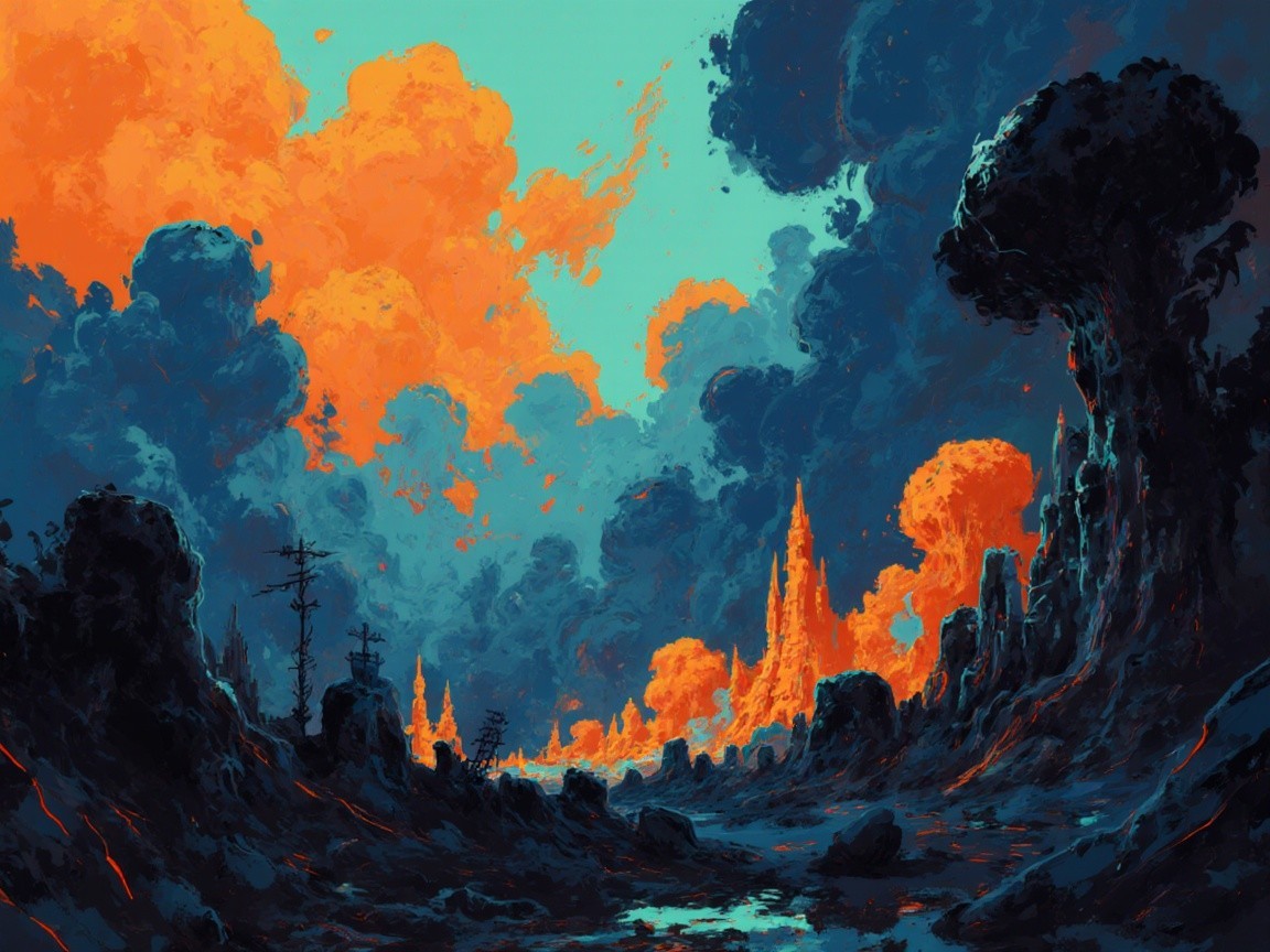 Surreal Landscape with Fiery Clouds and Jagged Rocks
