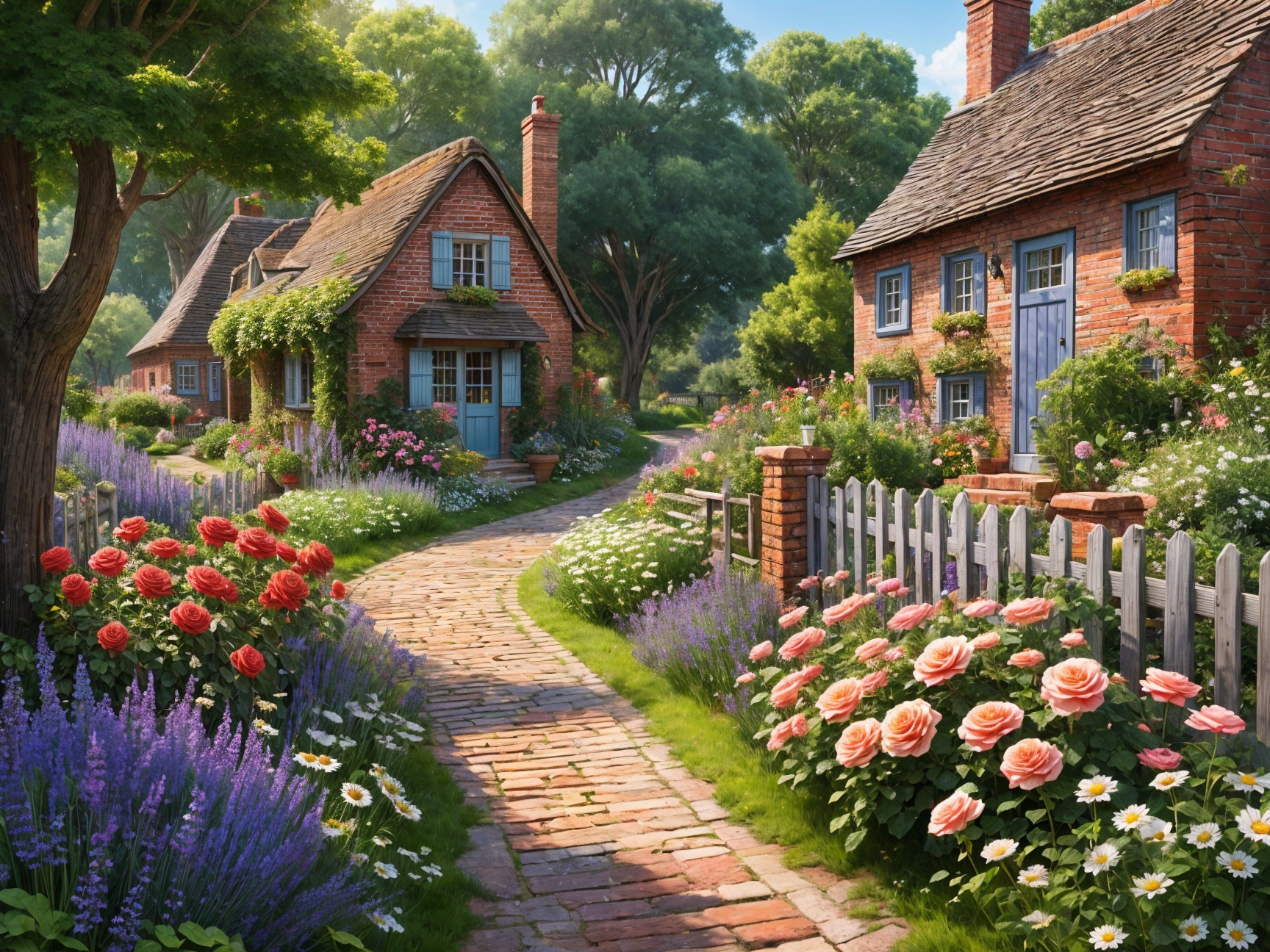 Charming Village Scene with Quaint Cottages and Gardens