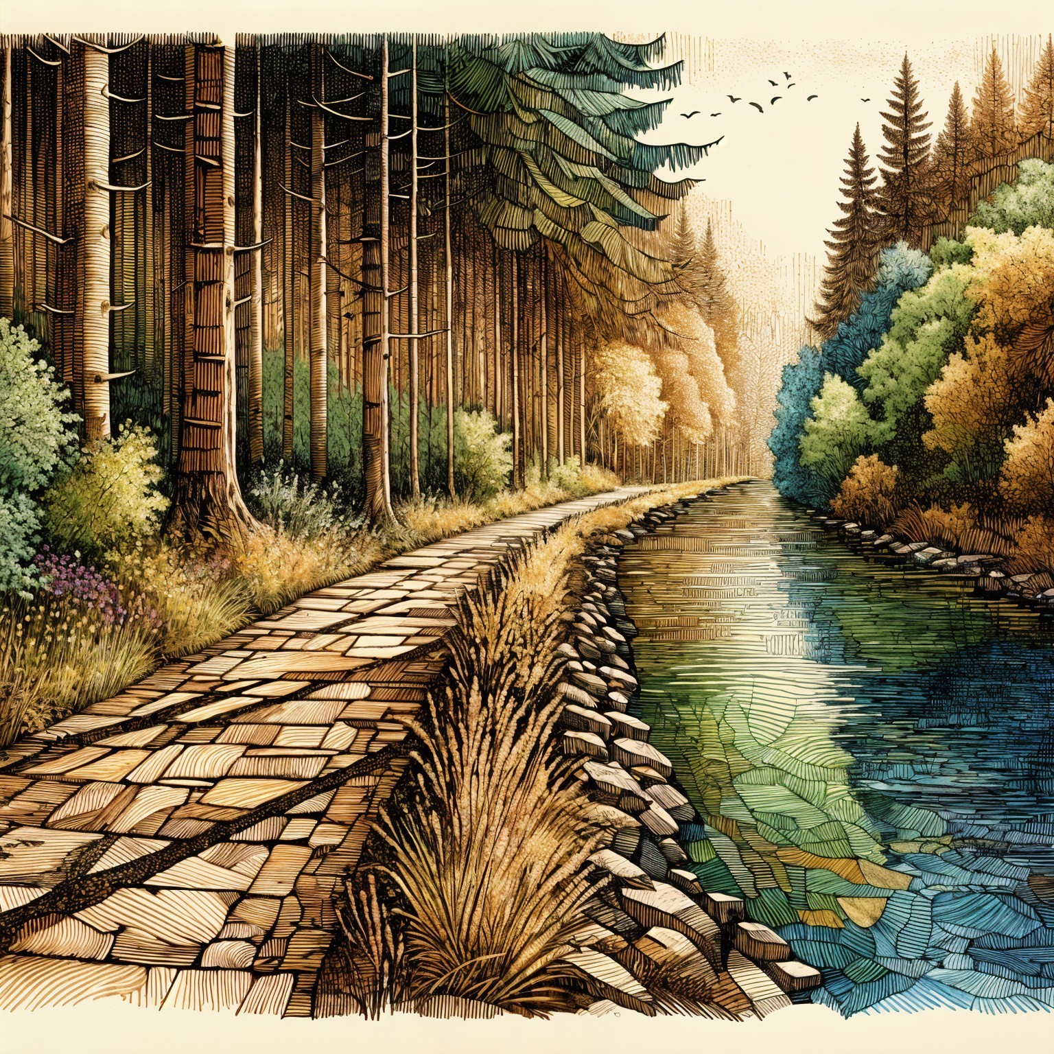 Serene Landscape with Winding Stone Path and River