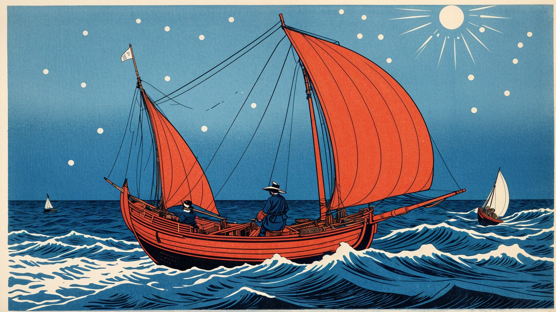 Vibrant Sailing Ship with Red Sails at Night