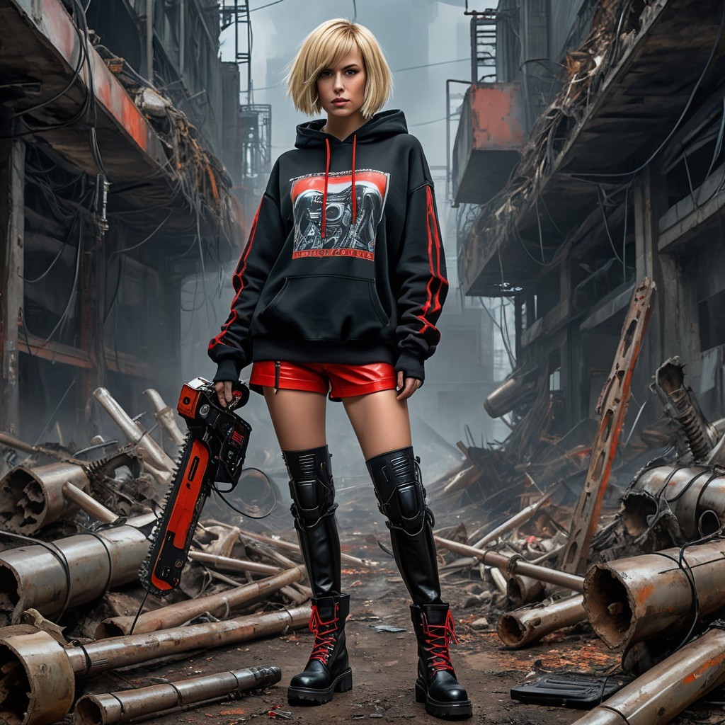 Dystopian Figure in Black and Red Urban Ruins