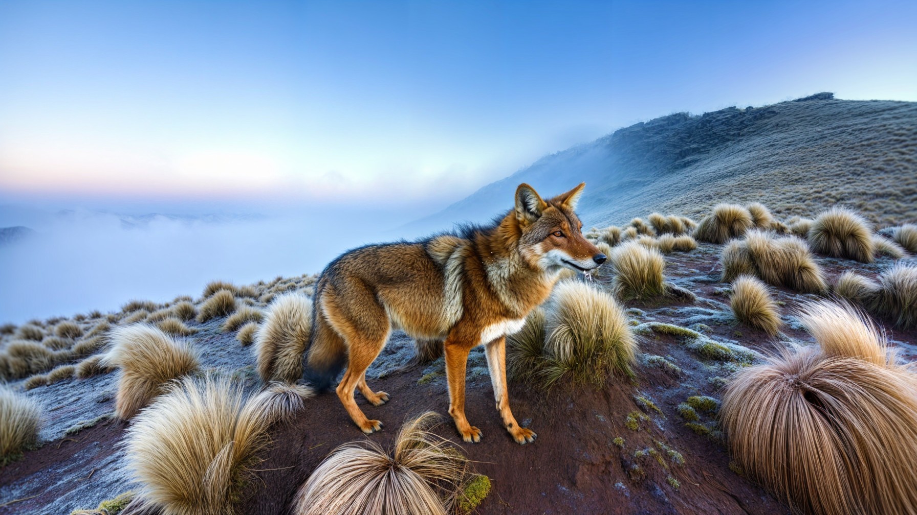 Fox-like Creature on Misty Hillside at Sunrise