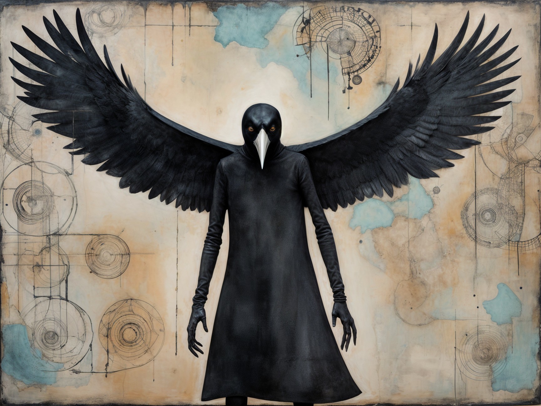 Crow-Headed Figure in Dark Garment with Abstract Background