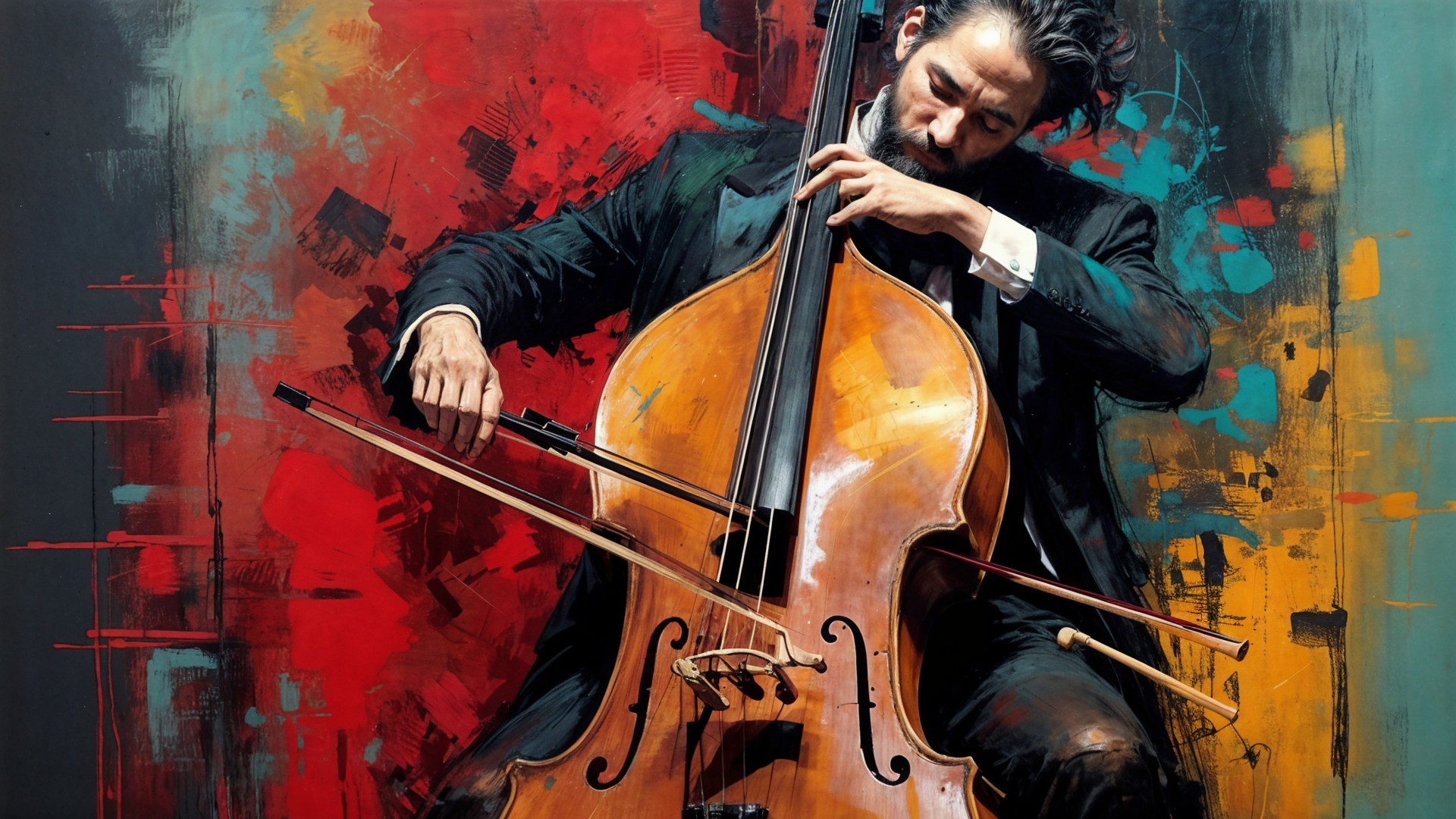 Cellist in Black Suit Against Vibrant Abstract Background